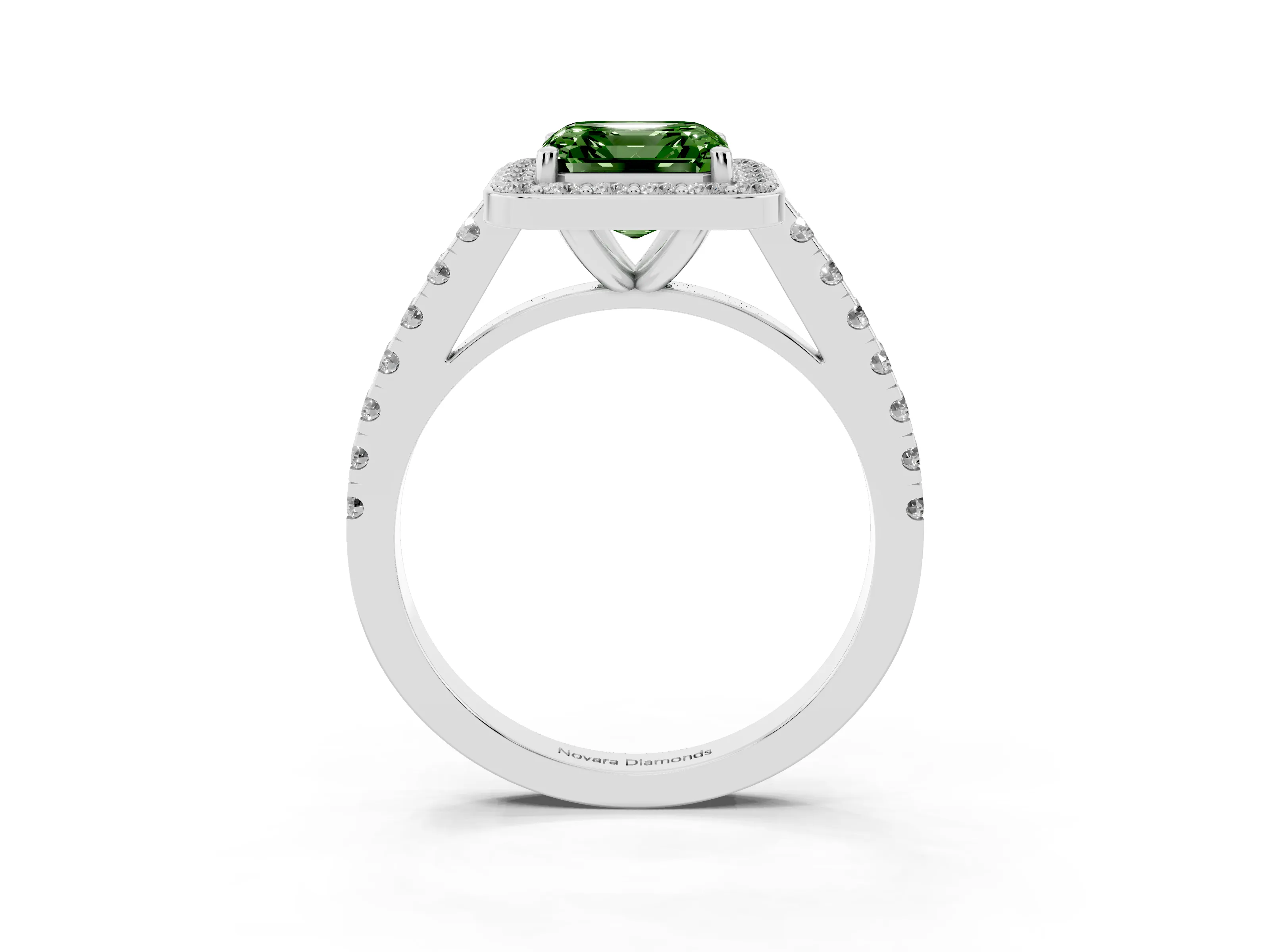 Fancy Green Asscher Cut Diamond Halo Ring Set in Platinum with Round Pavé Split Shank and Prong Setting