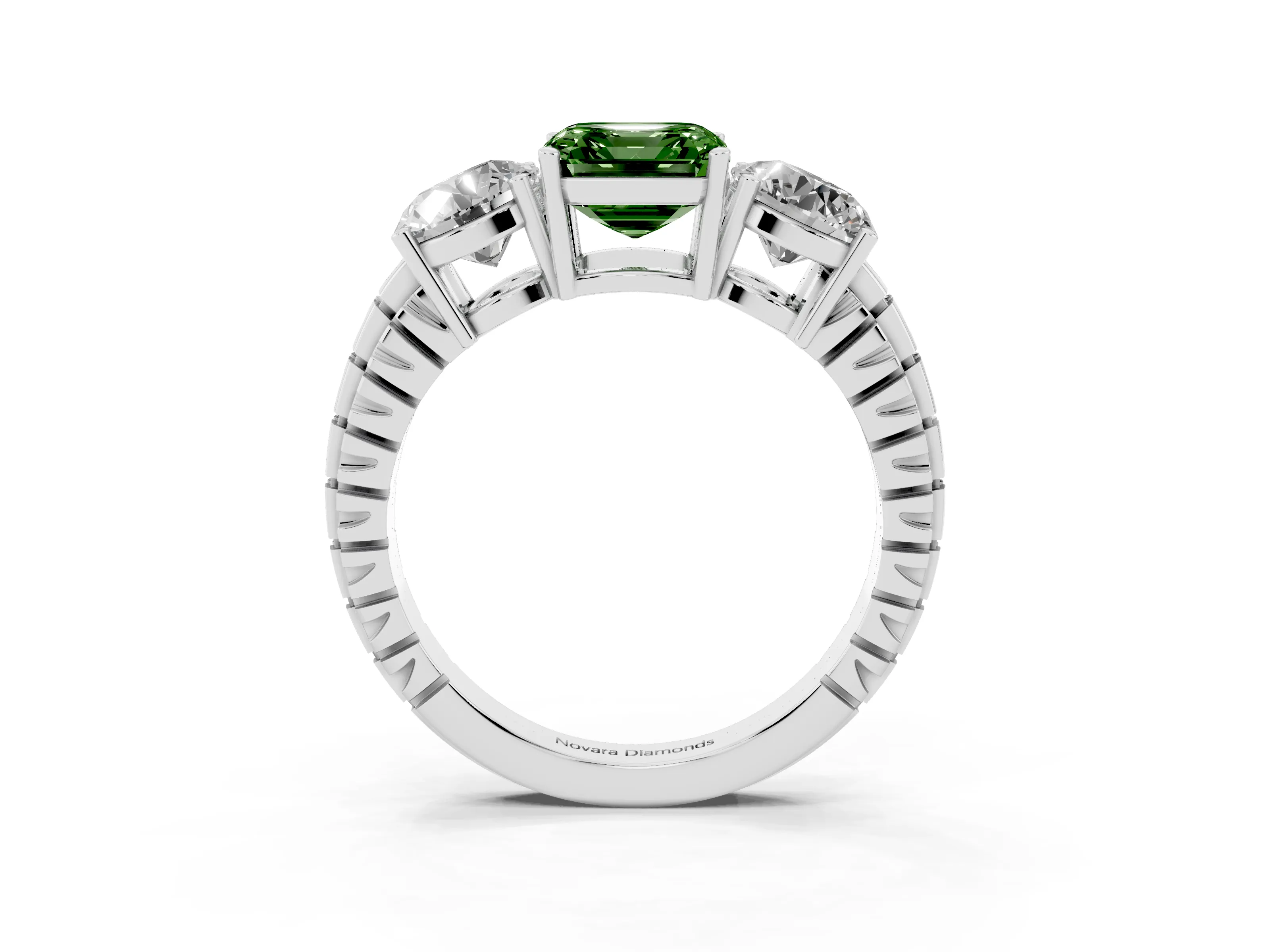 Fancy Green Asscher Cut Diamond Three-Stone Ring Set in Platinum with Channel-Set Accent Band