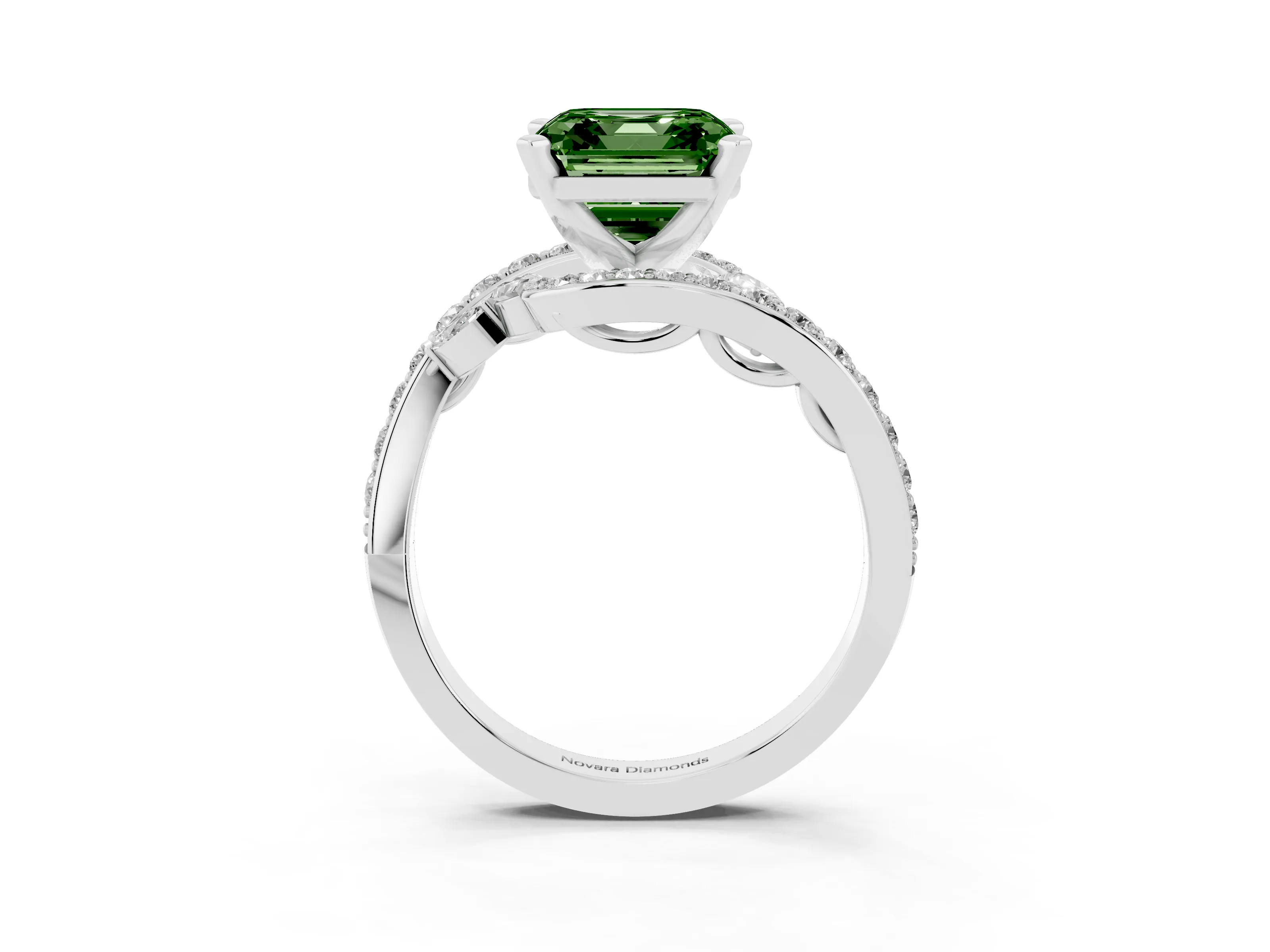 Fancy Green Asscher Cut Diamond Solitaire Ring Set in White gold with Pavé Twist Band and Secure Prong Setting