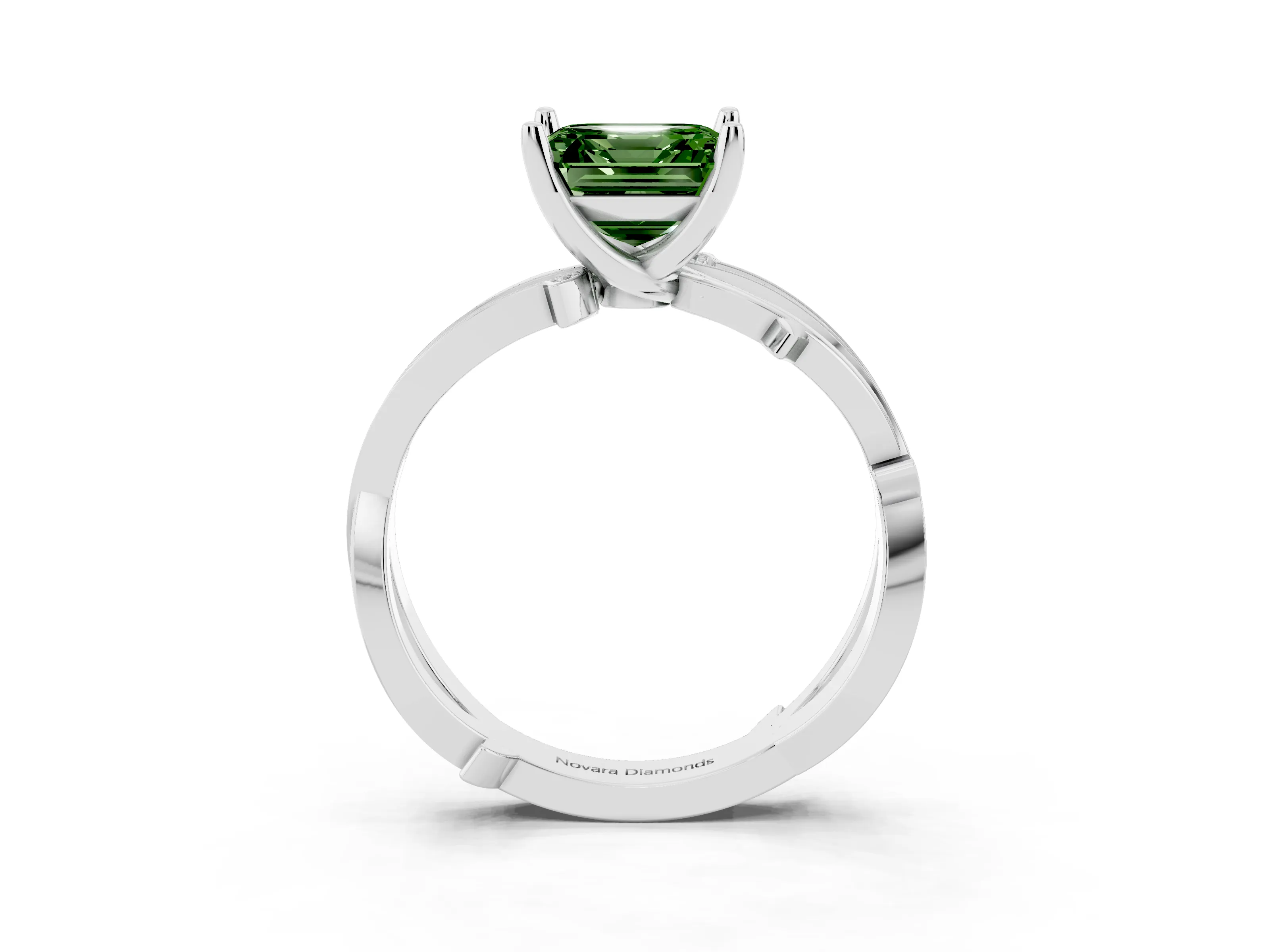 Fancy Green Asscher Cut Diamond Pavé Twist Band Solitaire Ring Set in Silver with Prong Setting