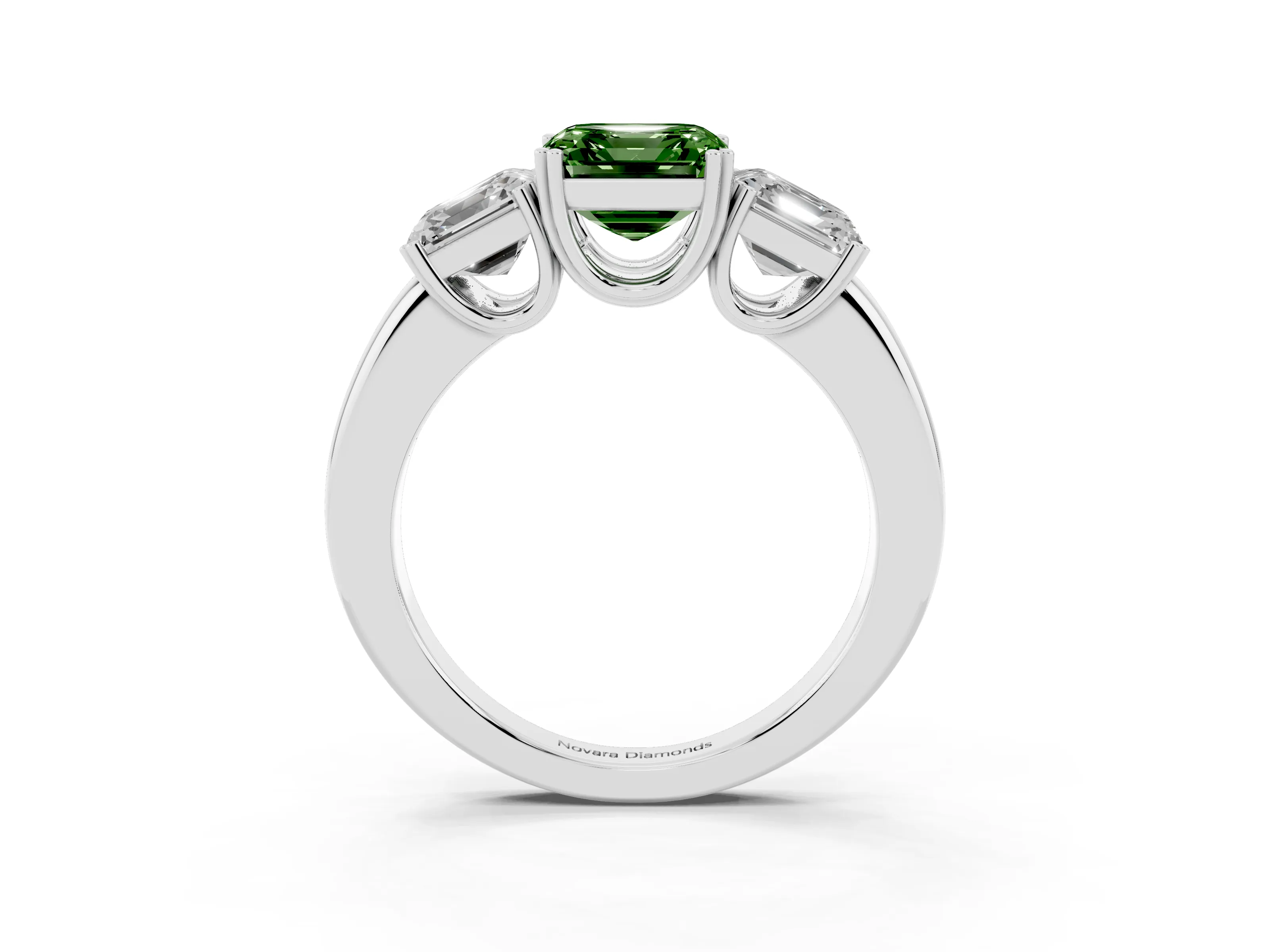 Fancy Green Asscher Cut Diamond Three-Stone Ring Set in Silver with Polished Band and Prong Setting