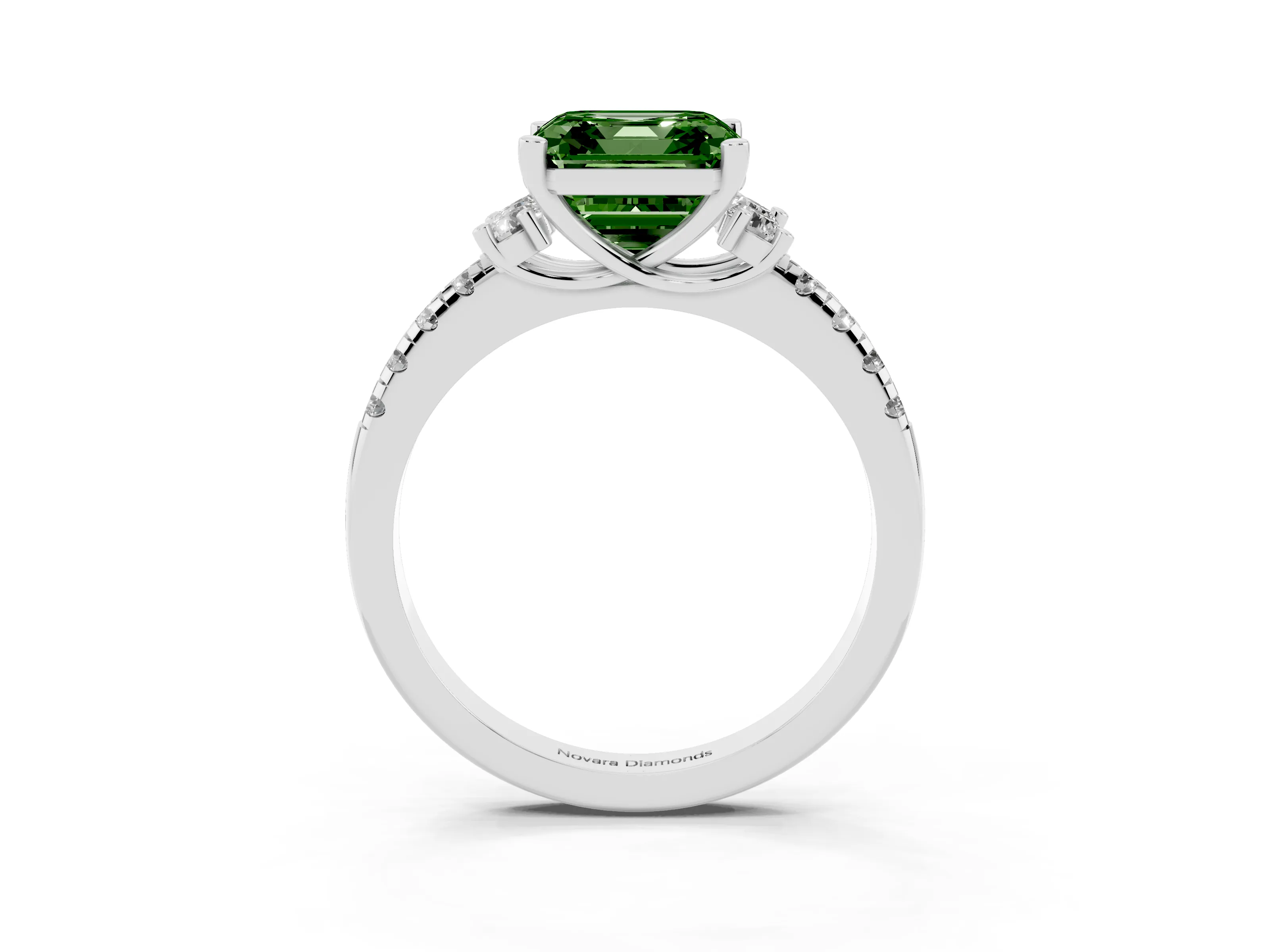Fancy Green Asscher Cut Diamond Three-Stone Pavé Ring Set in Platinum with Prong Setting