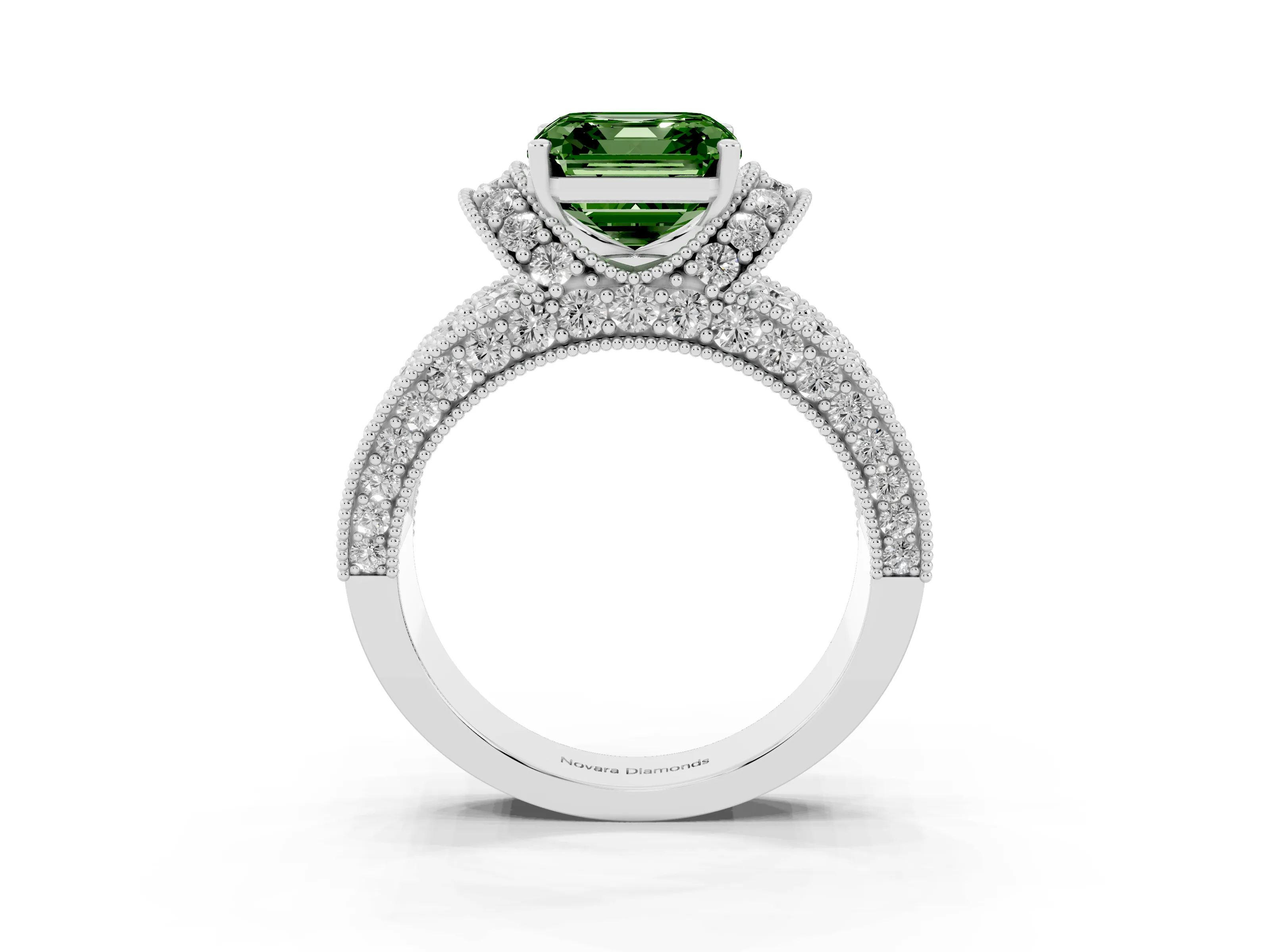 Fancy Green Asscher Cut Diamond Milgrain Halo Pavé Engagement Ring Set in Platinum with Prong Setting