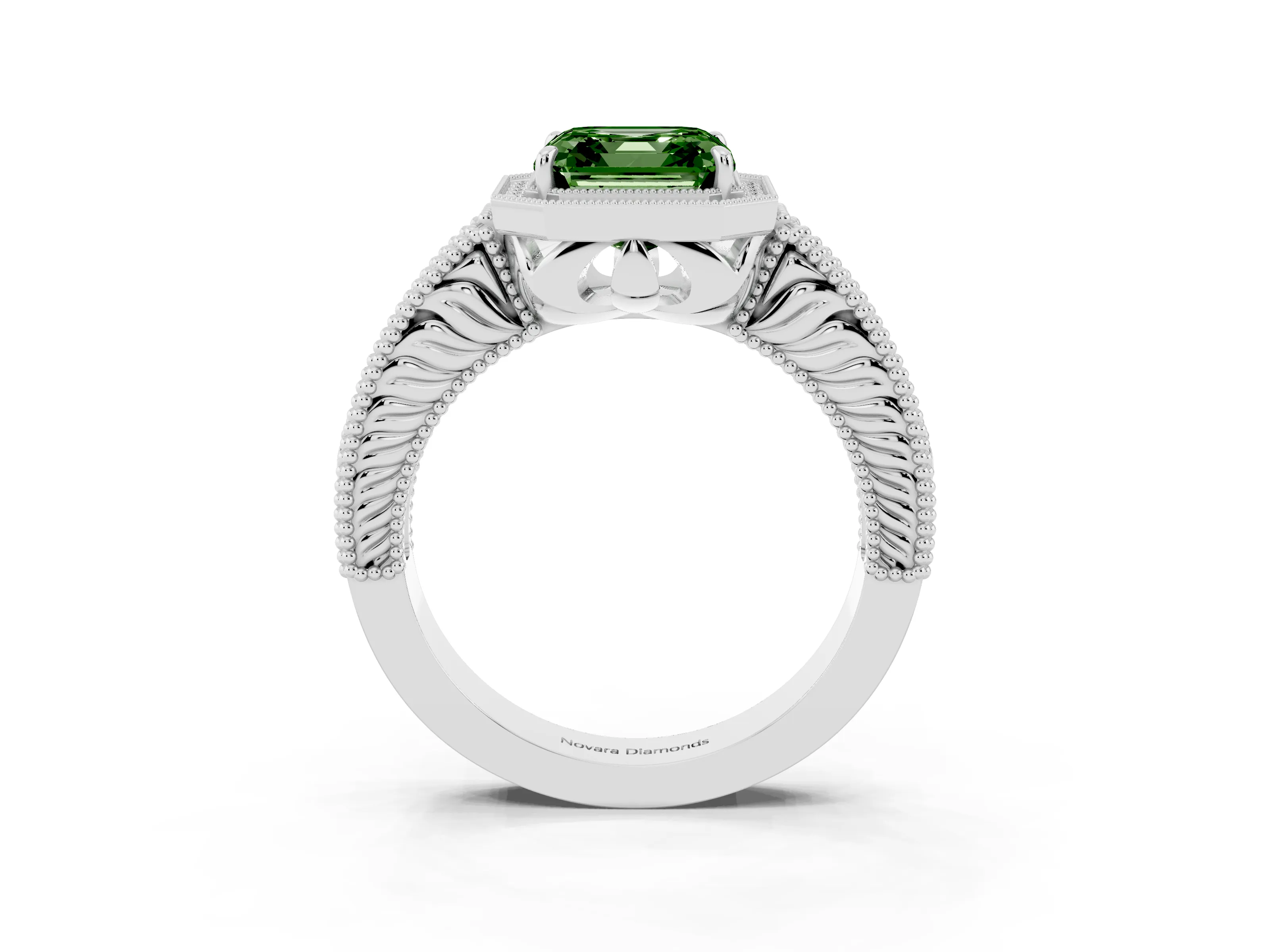 Fancy Green Asscher Cut Diamond Halo Ring Set in White gold with Round Accent Halo, Pavé Band and Prong Setting