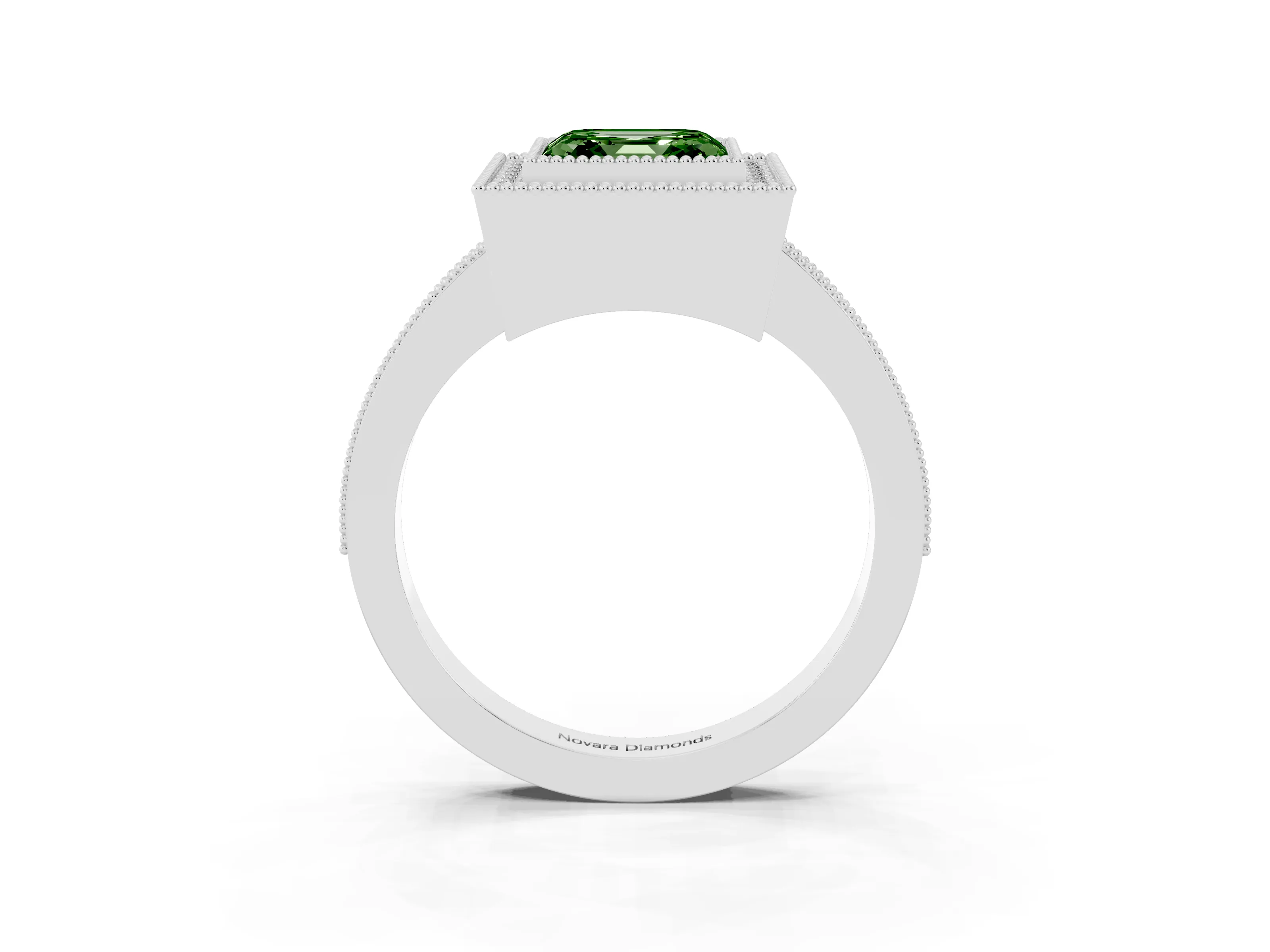 Fancy Green Asscher Cut Diamond Halo Engagement Ring Set in White gold with Pavé Band and Round Halo Stones