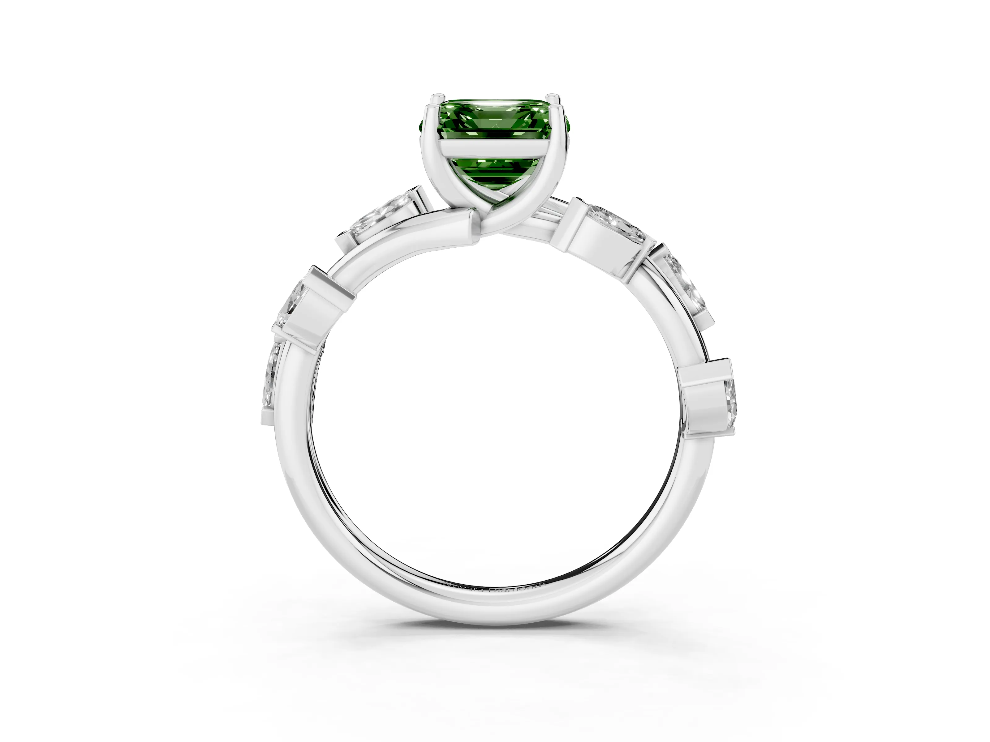 Fancy Green Asscher Cut Diamond Solitaire Ring Set in White gold with Twisted Marquise Accent Band
