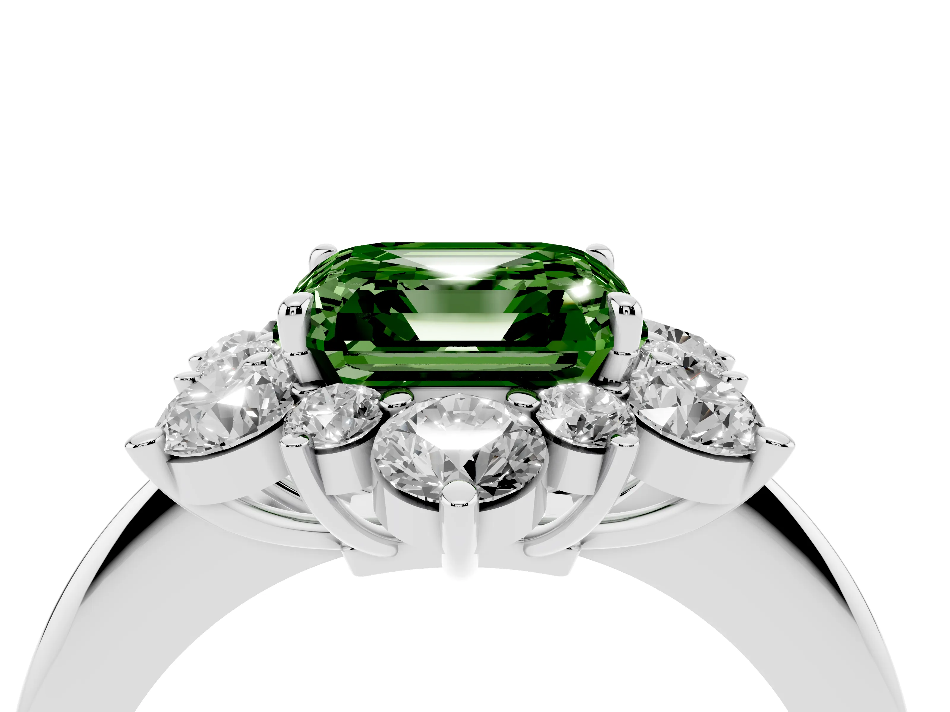 Fancy Green Asscher Cut Diamond Cluster Halo Ring Set in Silver with Solitaire Band and Prong Setting