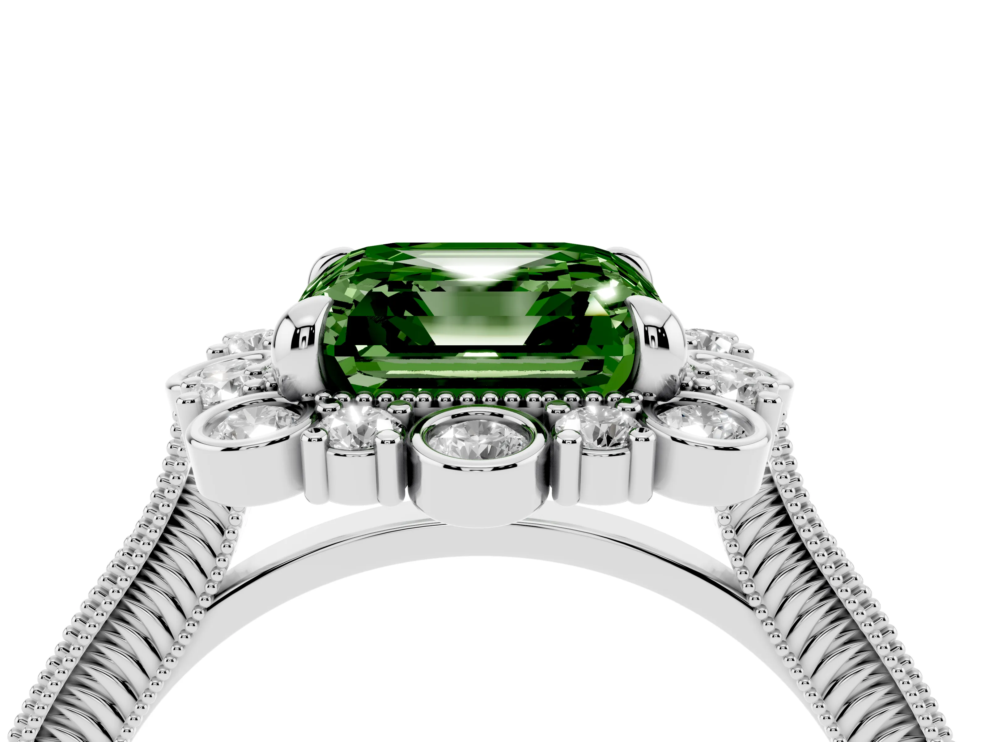 Fancy Green Asscher Cut Diamond Halo Milgrain Pavé Ring Set in White gold with Prong Setting