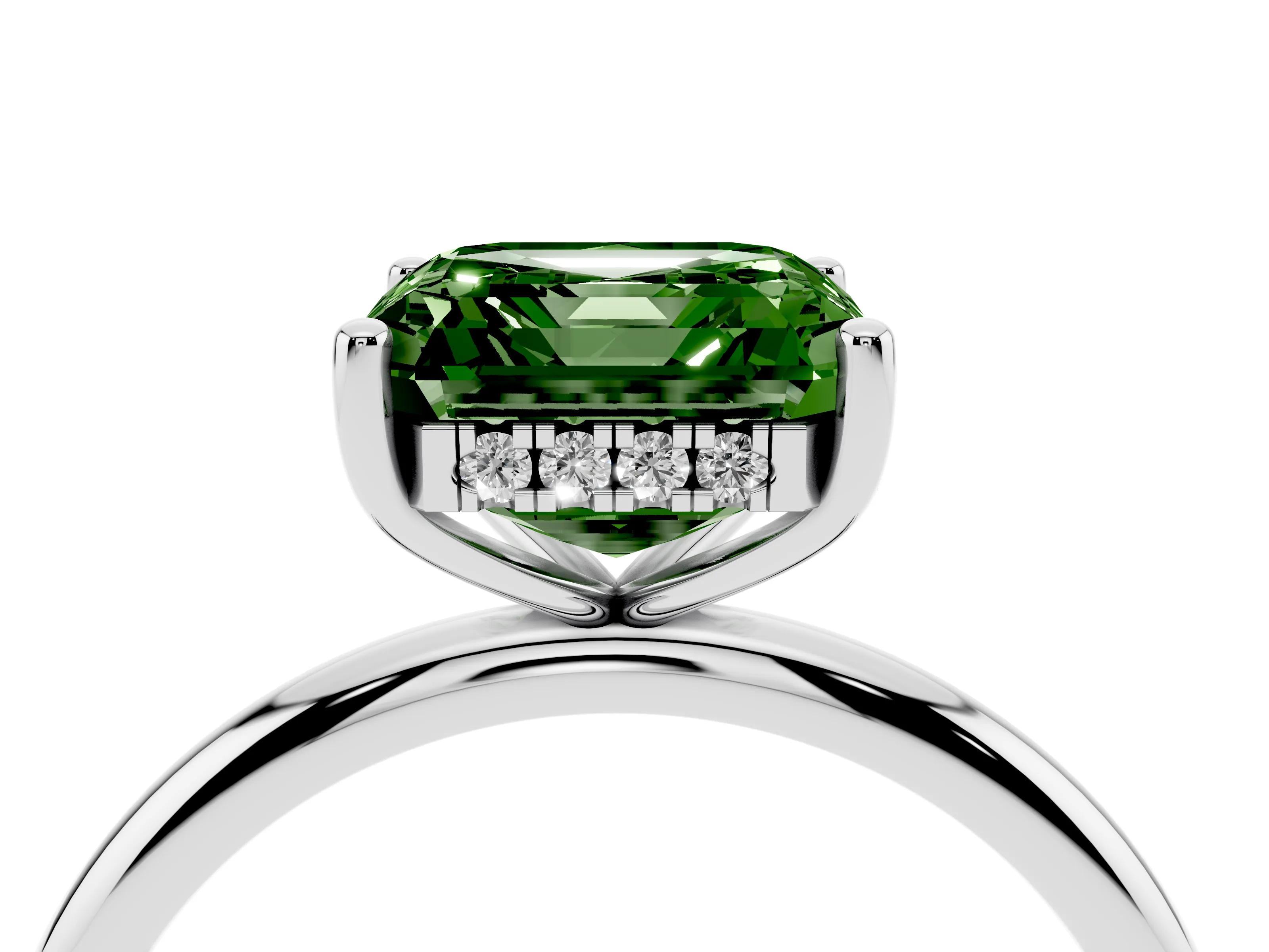 Fancy Green Asscher Cut Diamond Solitaire Engagement Ring Set in Platinum with Prong Setting and Polished Band