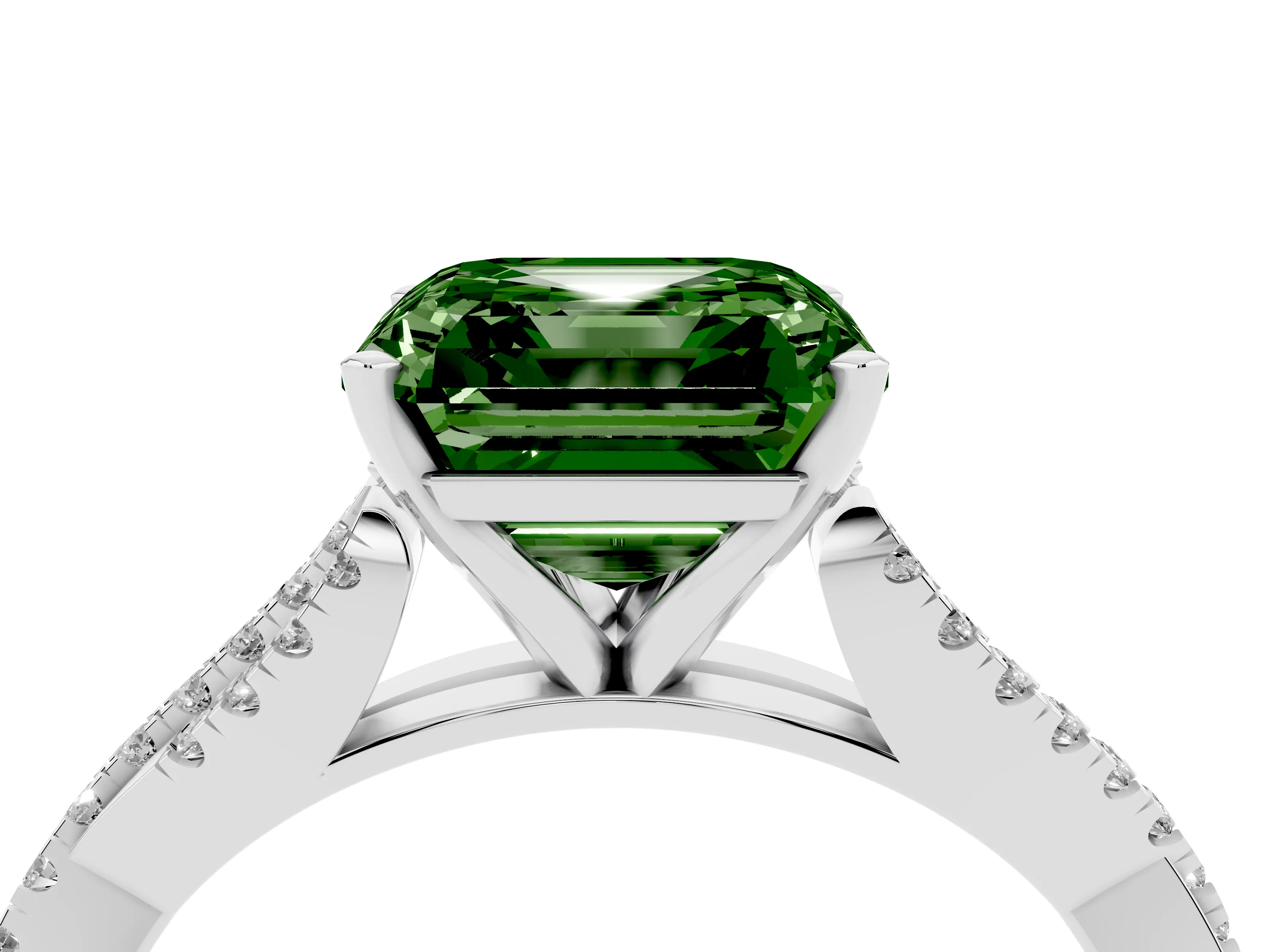 Fancy Green Asscher Cut Diamond Solitaire Engagement Ring Set in White gold with Twisted Pavé Band and Prong Setting
