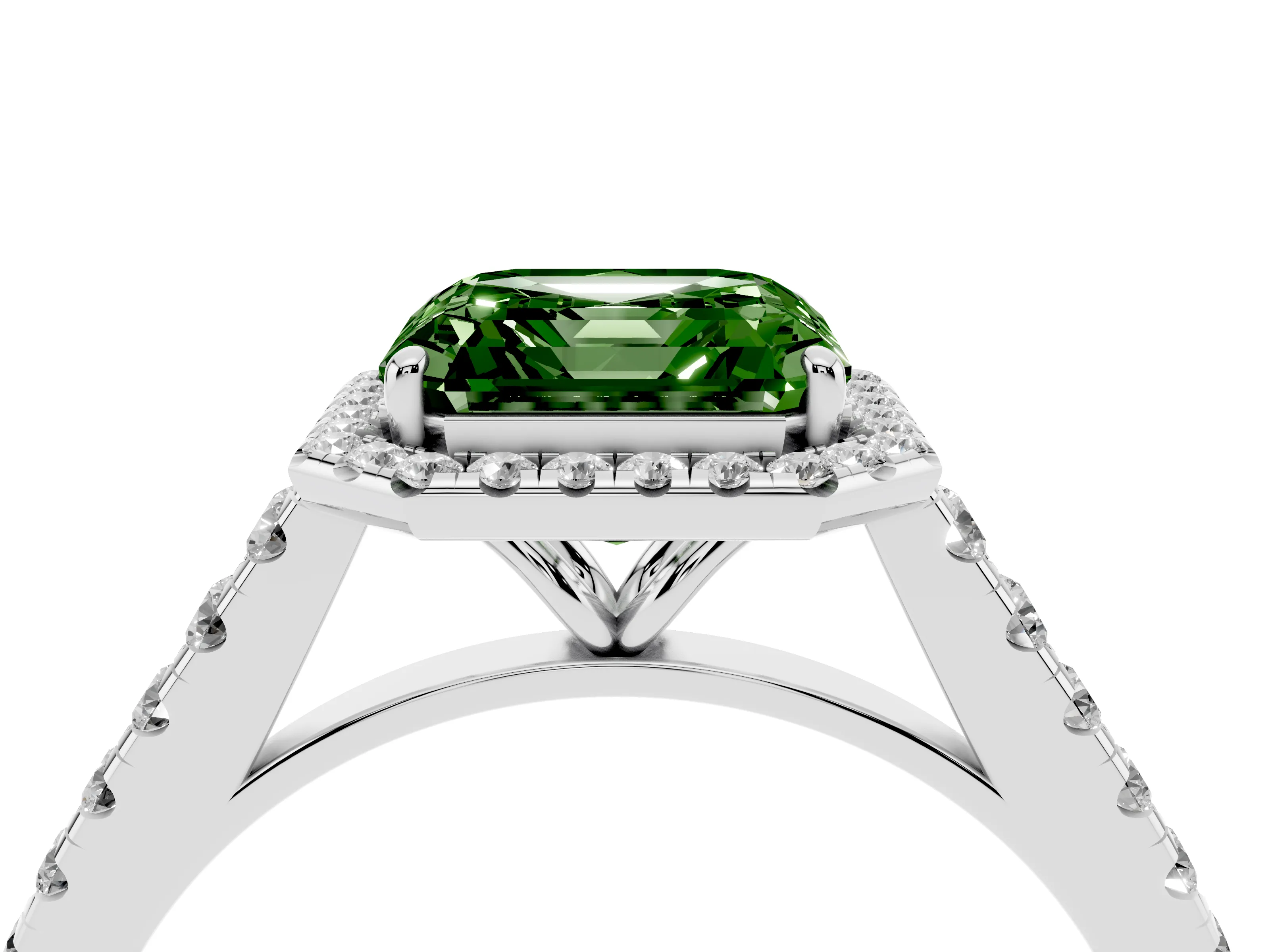 Fancy Green Asscher Cut Diamond Halo Pavé Engagement Ring Set in White gold with Prong Setting