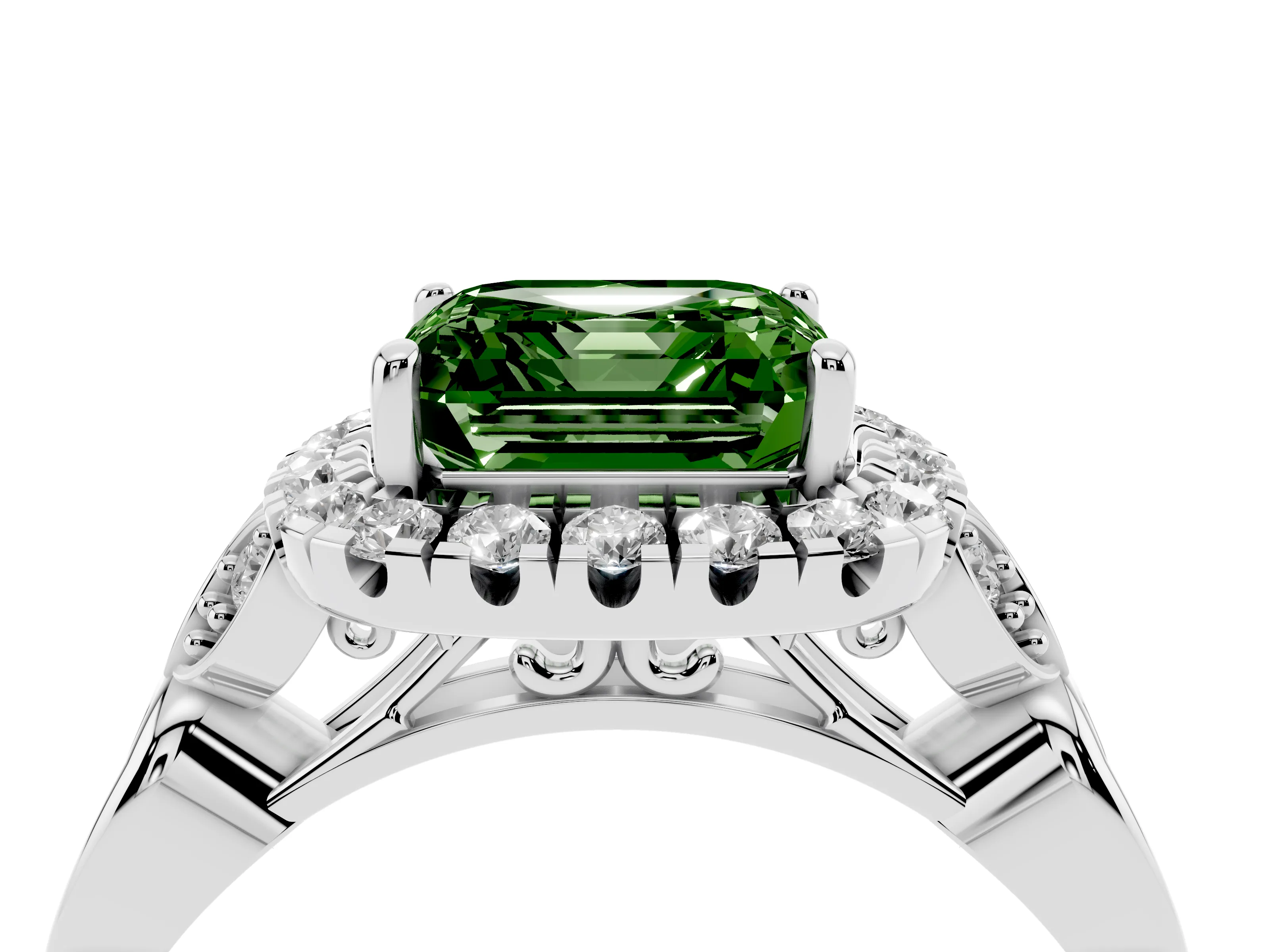 Fancy Green Asscher Cut Diamond Halo Engagement Ring Set in Silver with Vintage-Inspired Band and Prong Setting