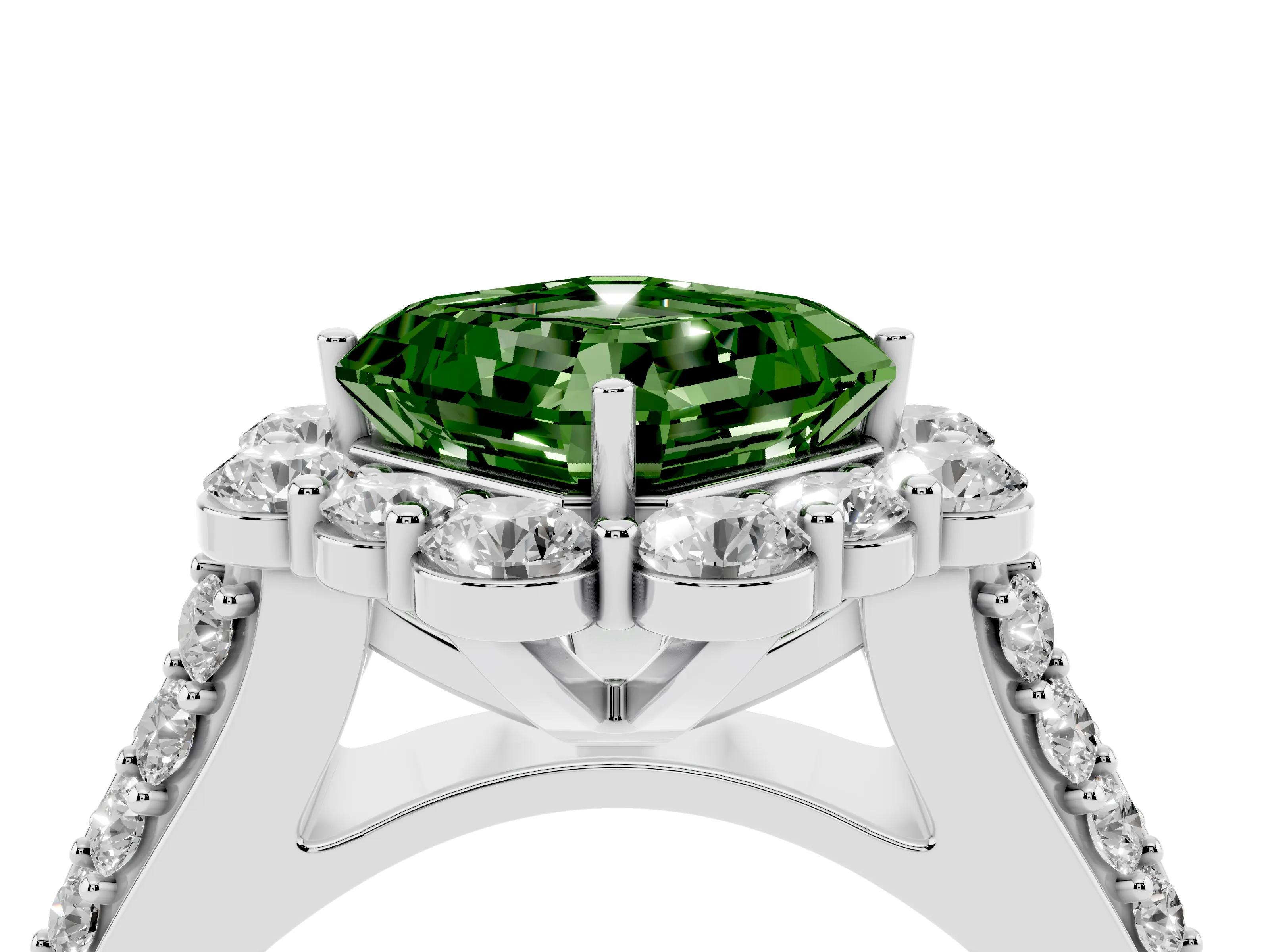 Fancy Green Asscher Cut Diamond Halo Engagement Ring Set in Silver with Split Shank and Prong Setting