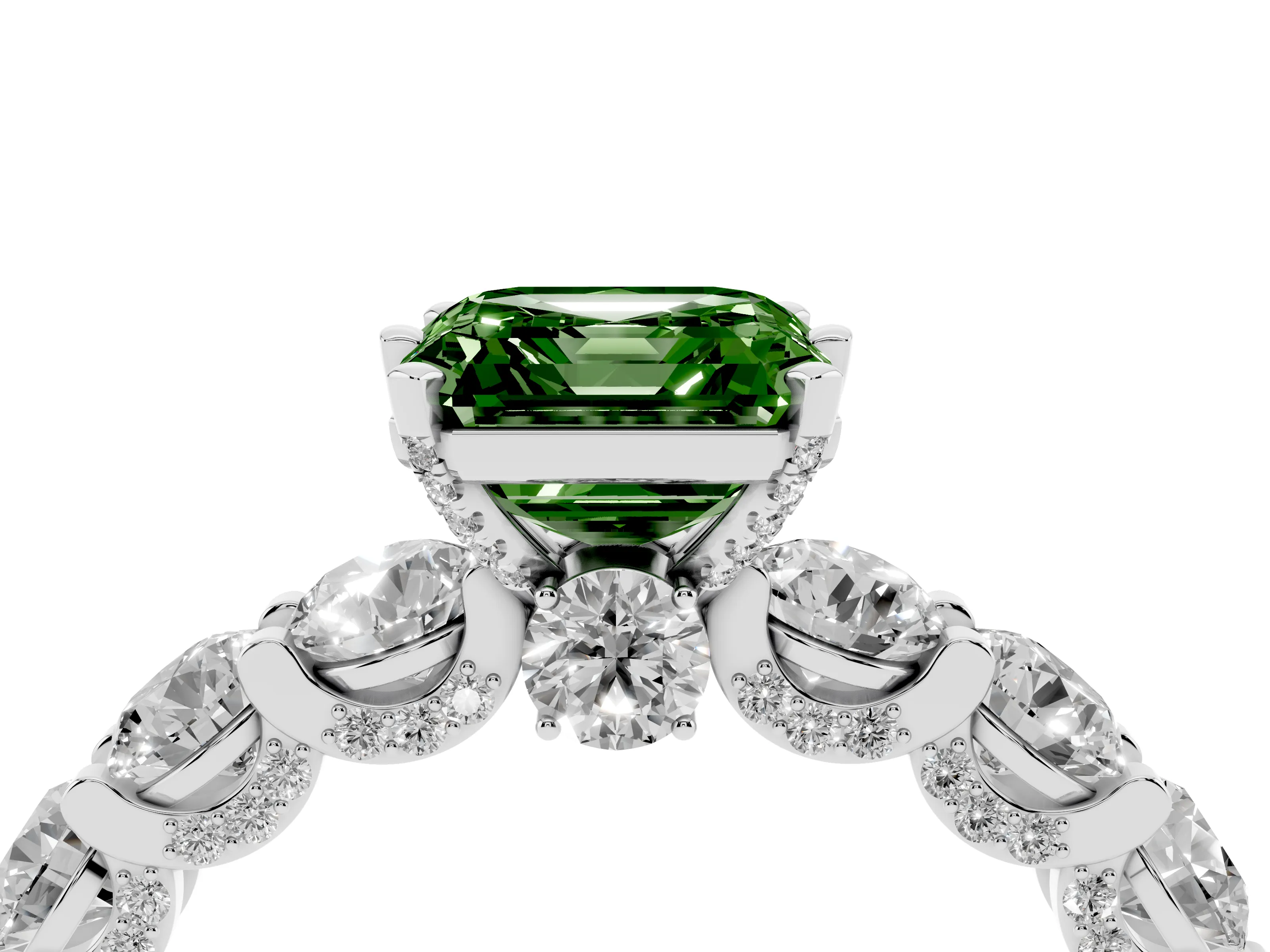 Fancy Green Asscher Cut Diamond Side Stone Ring Set in Silver with Alternating Round and Oval Side Stones