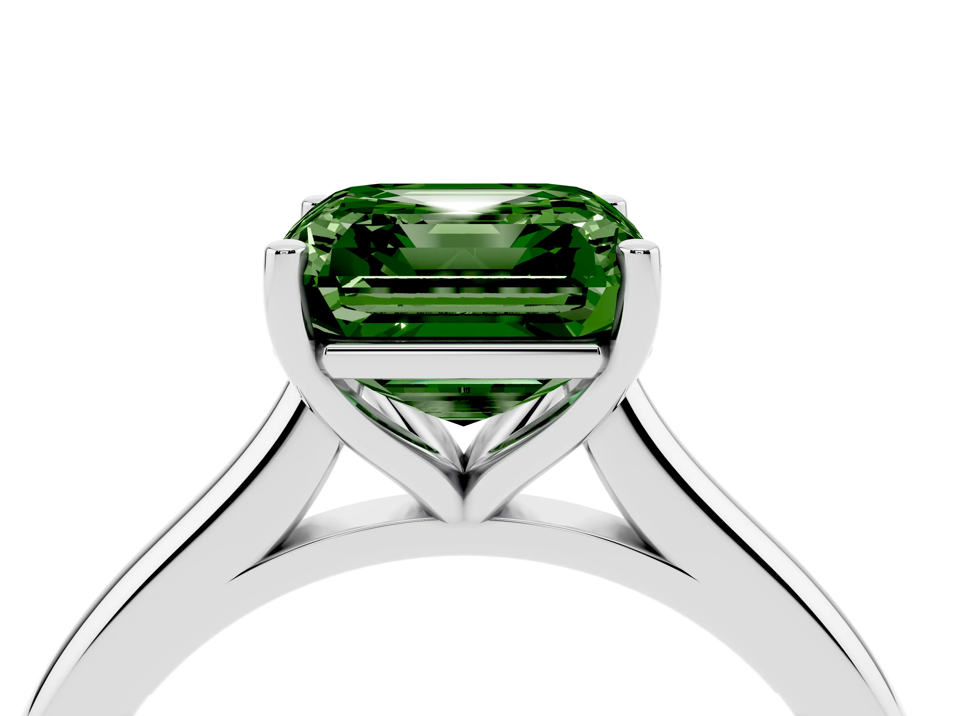Fancy Green Asscher Cut Diamond Solitaire Ring Set in Silver with Cathedral Band and Prong Setting