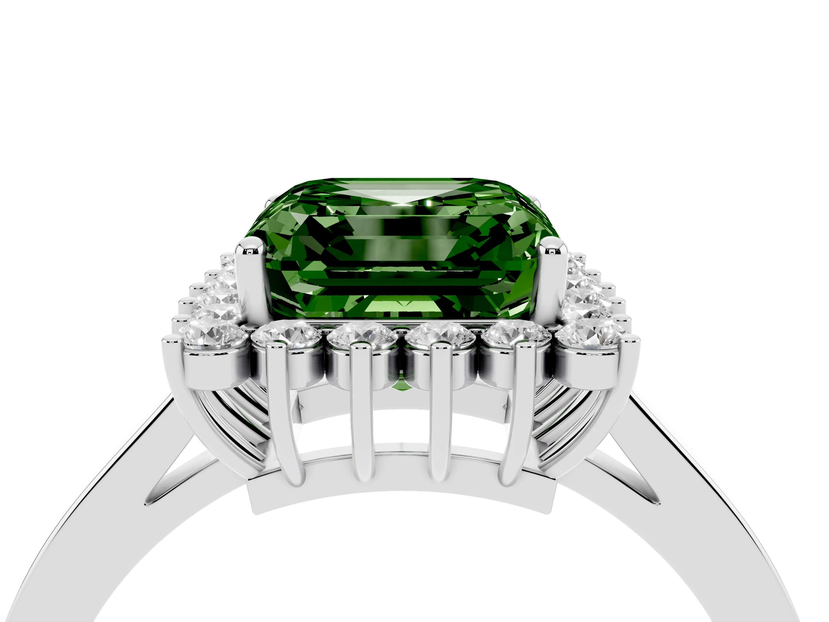 Fancy Green Asscher Cut Diamond Halo Ring Set in White gold with Round Halo and Smooth Solitaire Band
