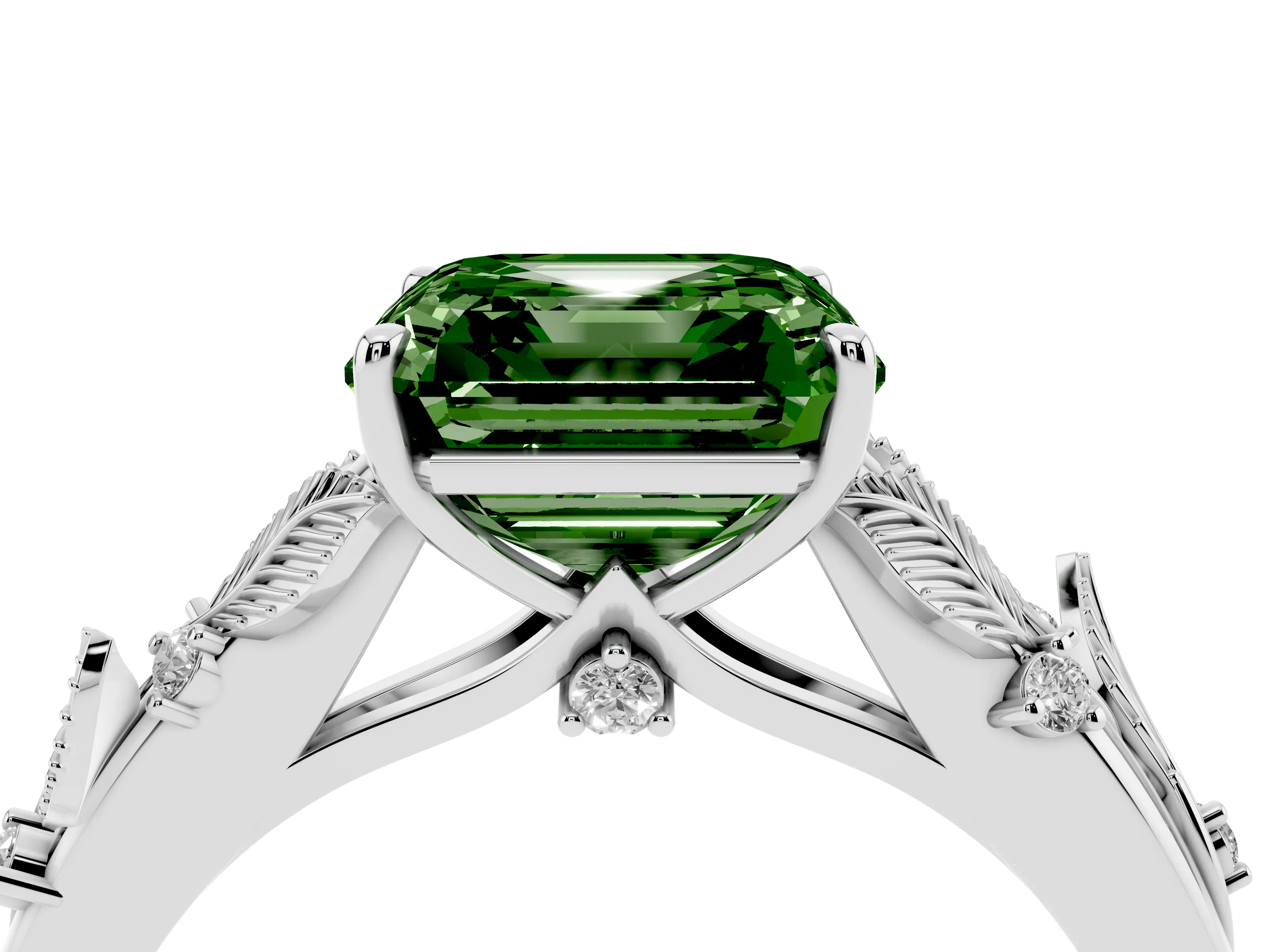 Fancy Green Asscher Cut Diamond Solitaire Ring Set in White gold with Leaf Motif Band