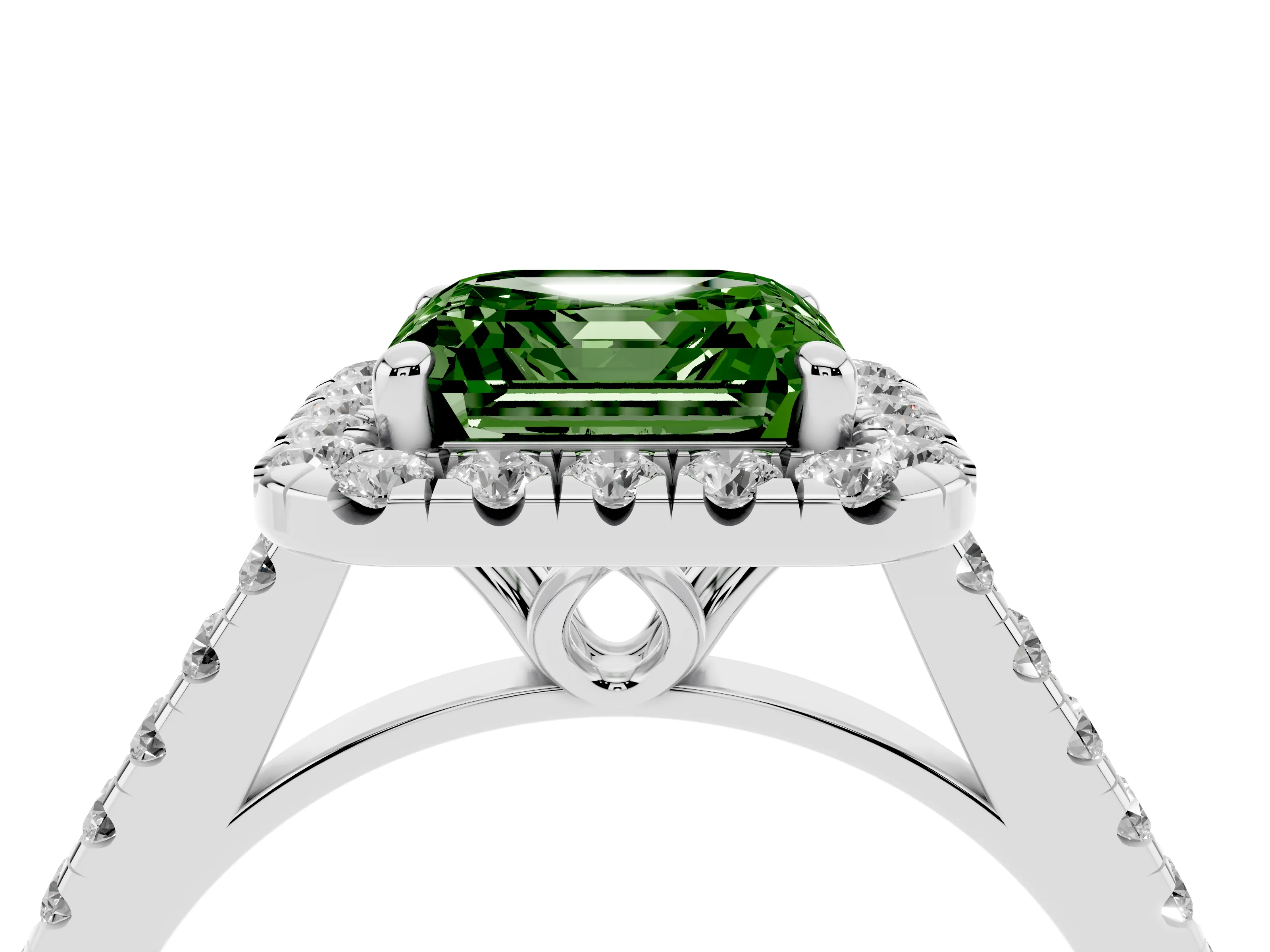 Fancy Green Asscher Cut Diamond Pavé Halo Engagement Ring Set in White gold with Pavé Band and Prong Setting