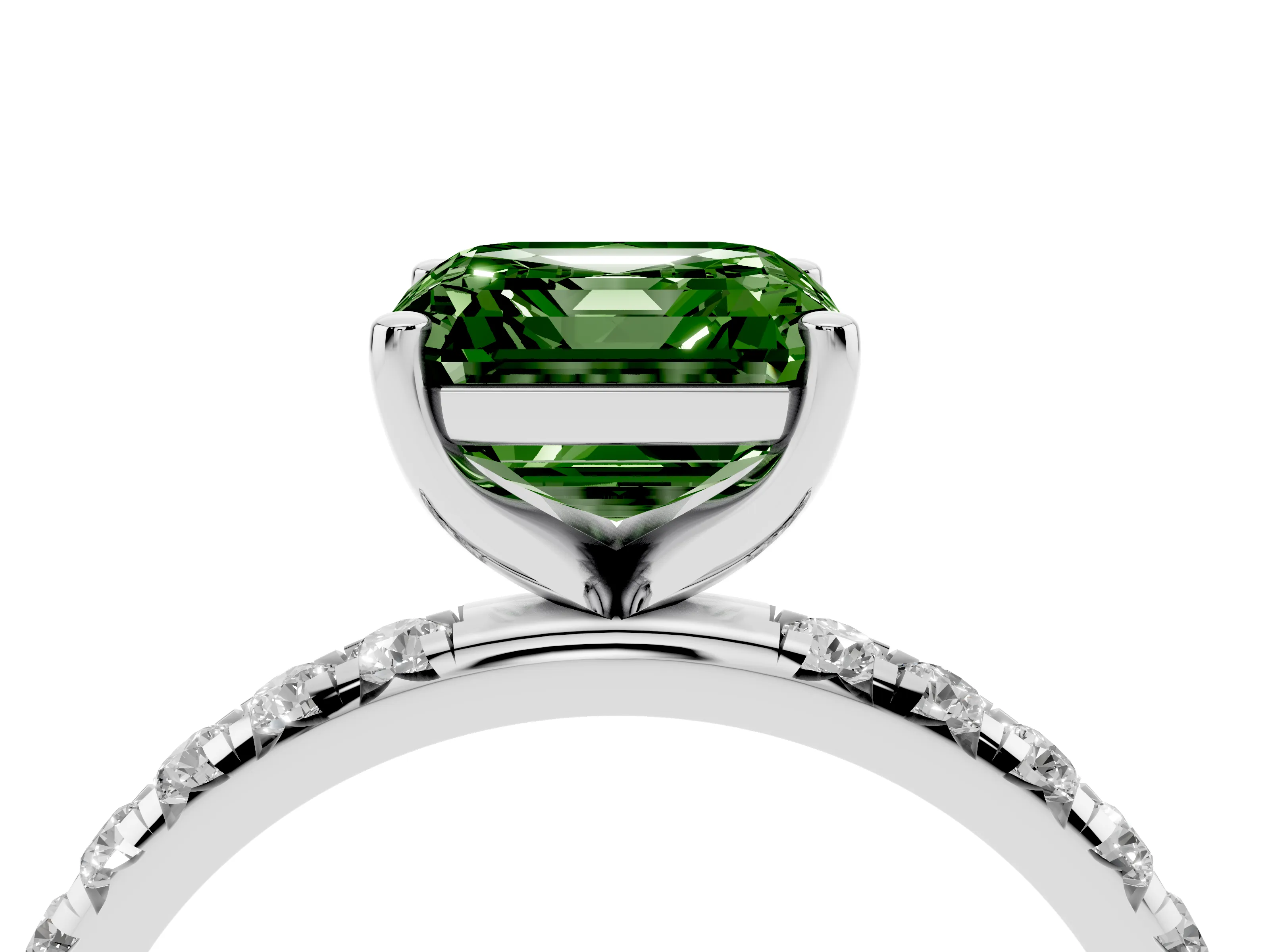 Fancy Green Asscher Cut Diamond Solitaire Ring Set in Platinum with Micro Pavé Band and Prong Setting