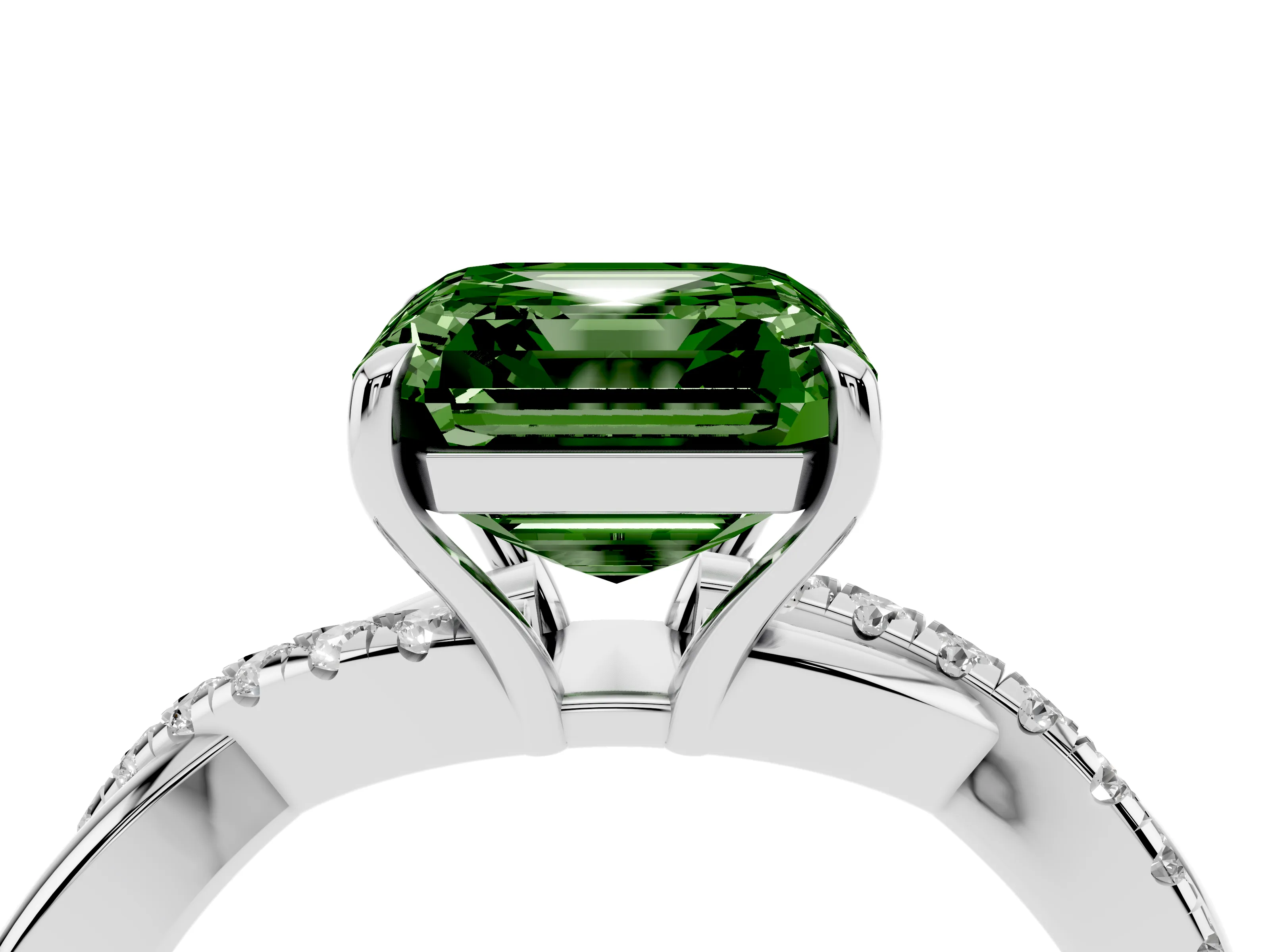 Fancy Green Asscher Cut Diamond Twisted Pavé Band Ring Set in Silver with Prong Setting