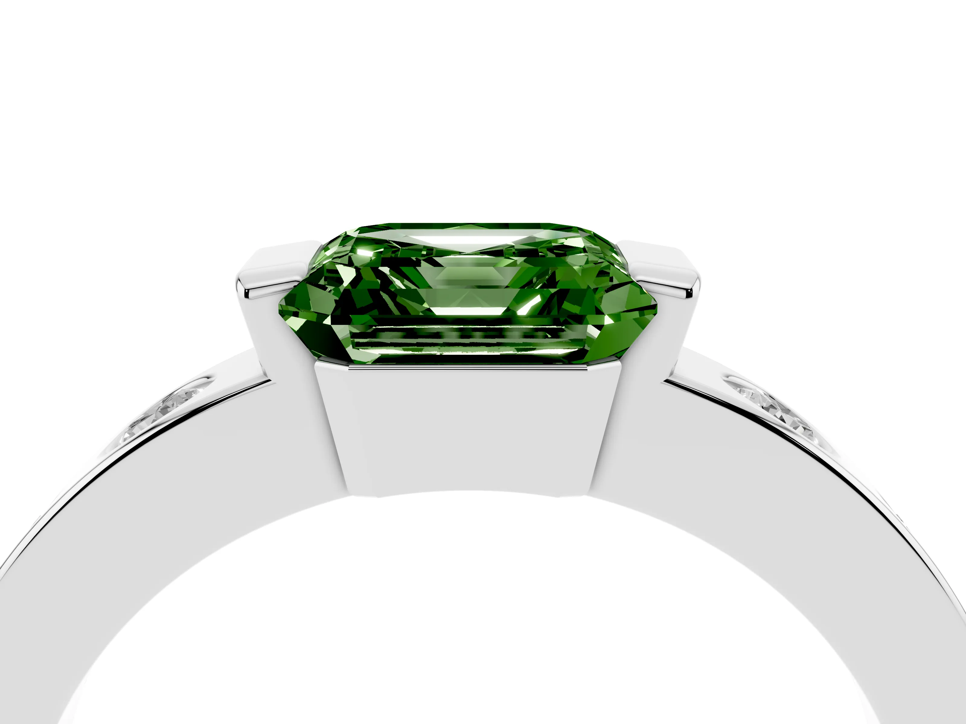 Fancy Green Asscher Cut Diamond Channel-Set Band Ring Set in Silver with Bezel Prong Setting