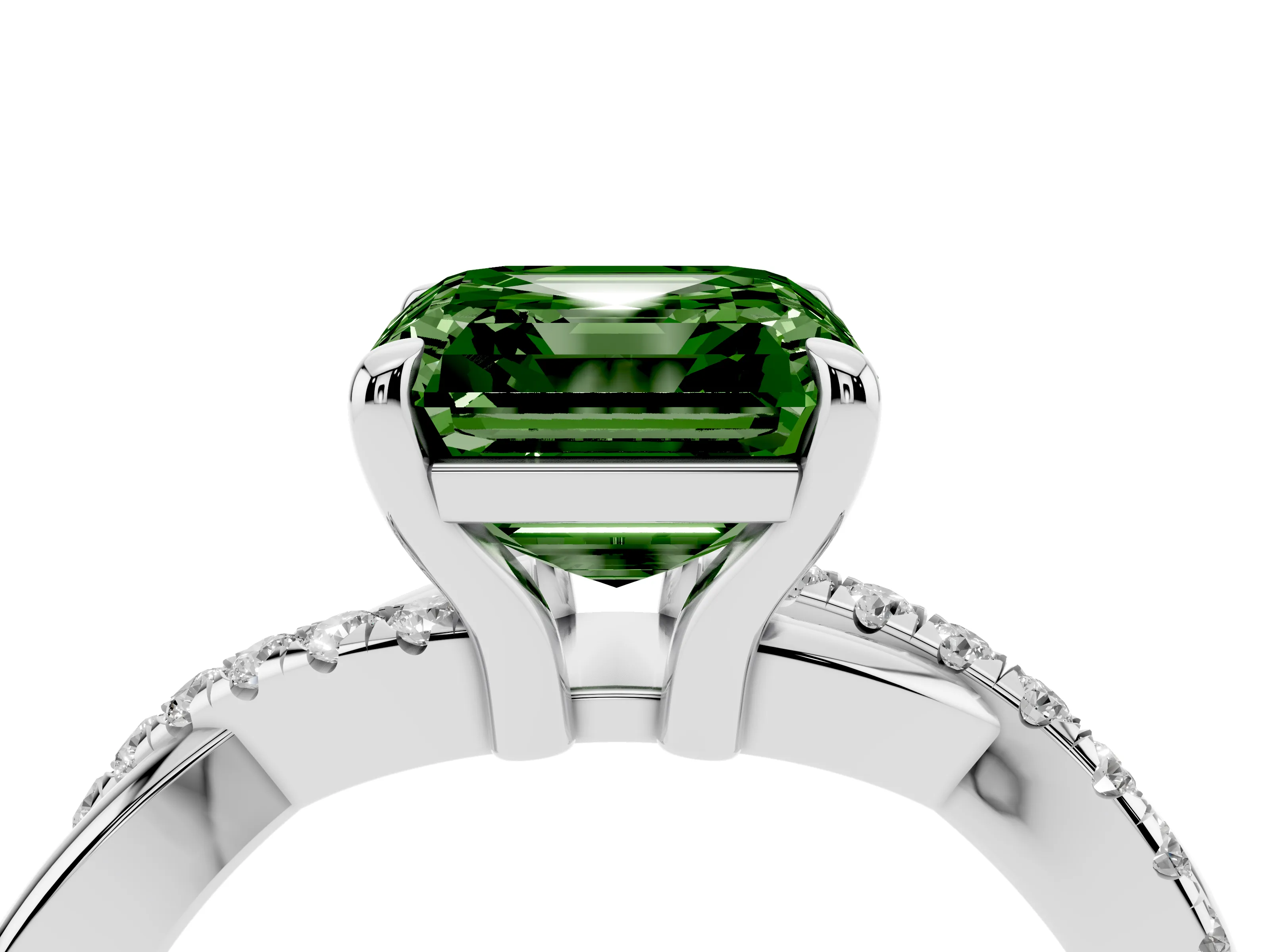 Fancy Green Asscher Cut Diamond Twist Band Pavé Solitaire Ring Set in White gold with Prong Setting