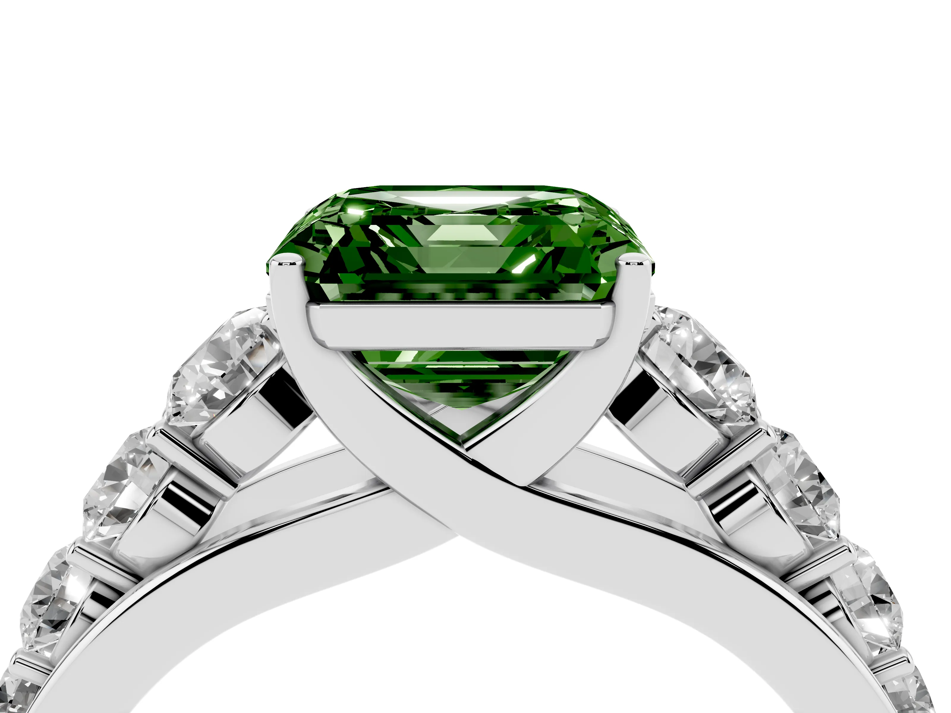 Fancy Green Asscher Cut Diamond Solitaire Ring Set in Silver with Pavé-Set Band and Prong Setting