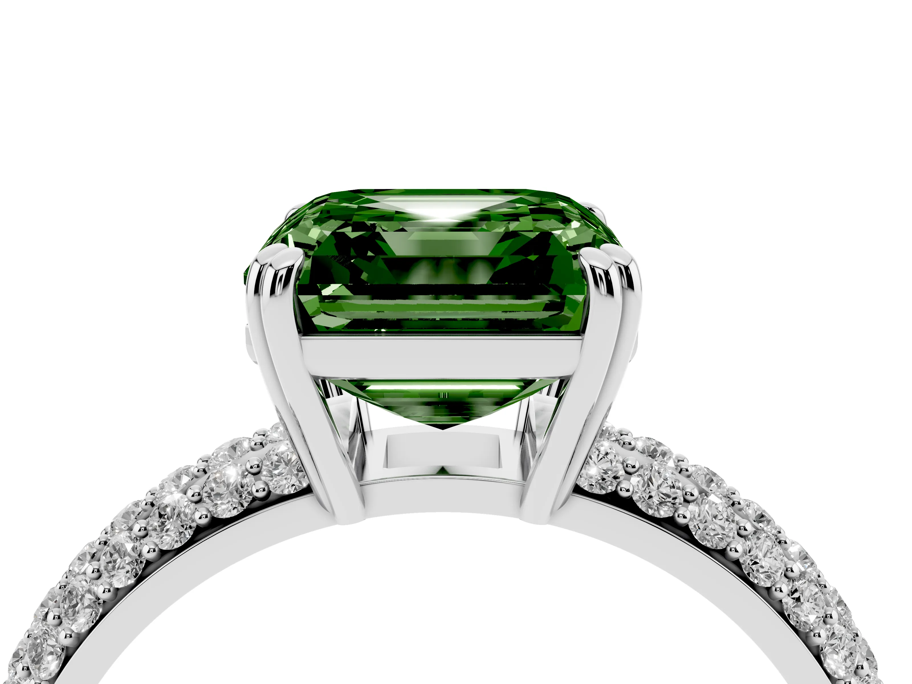 Fancy Green Asscher Cut Diamond Solitaire Ring Set in Platinum with Multi-Row Round Pavé Band and Prong Setting