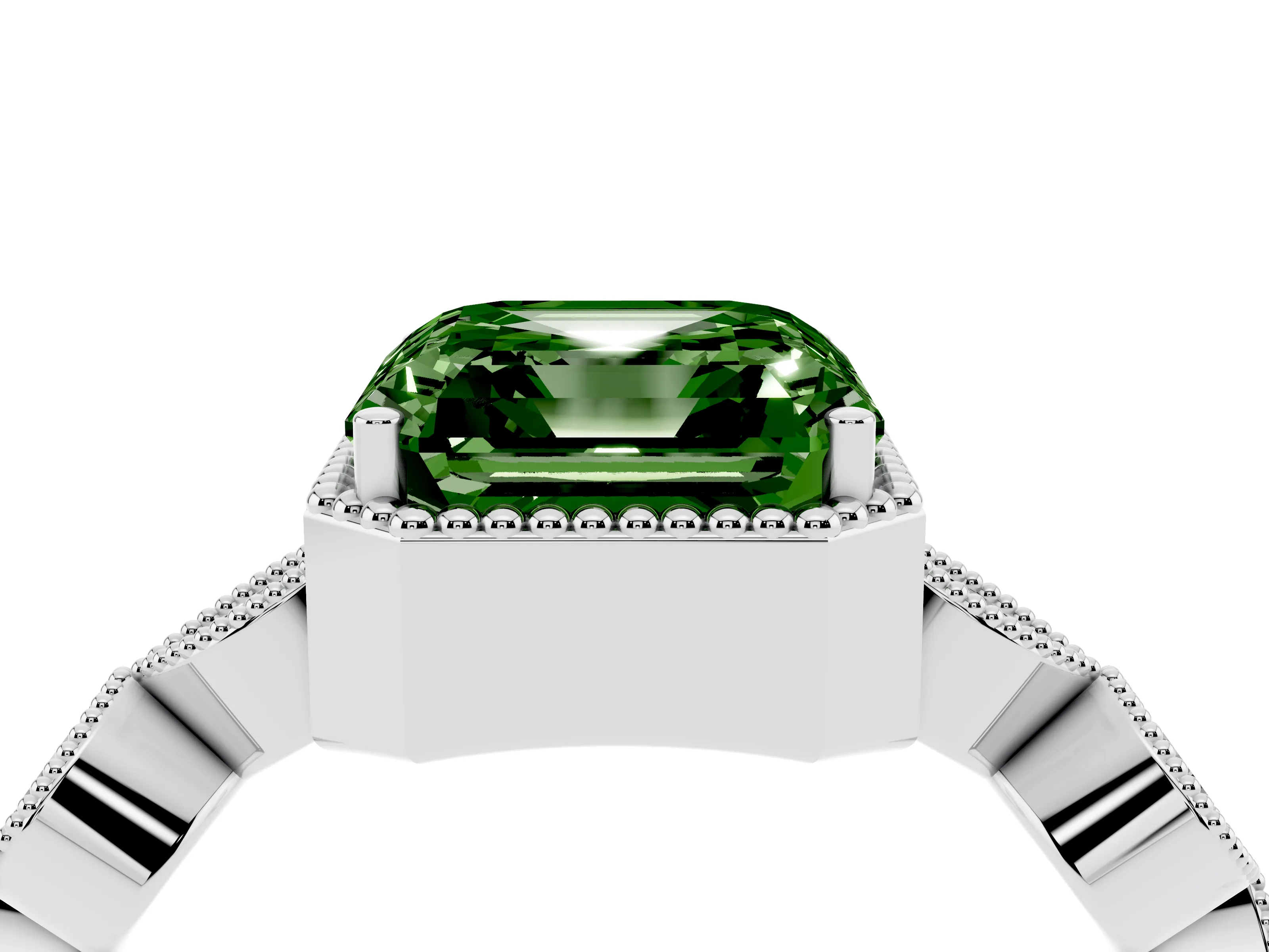 Fancy Green Asscher Cut Diamond Vintage-Inspired Milgrain Ring Set in White gold with Marquise Stations of Round Accents
