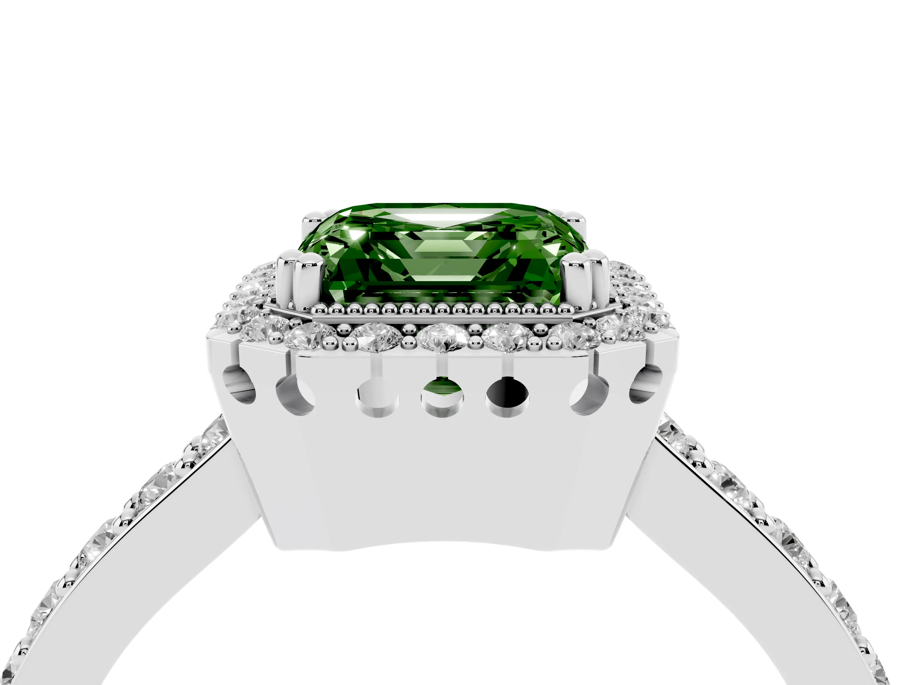 Fancy Green Asscher Cut Diamond Halo Engagement Ring Set in Platinum with Milgrain Detail and Pavé Band