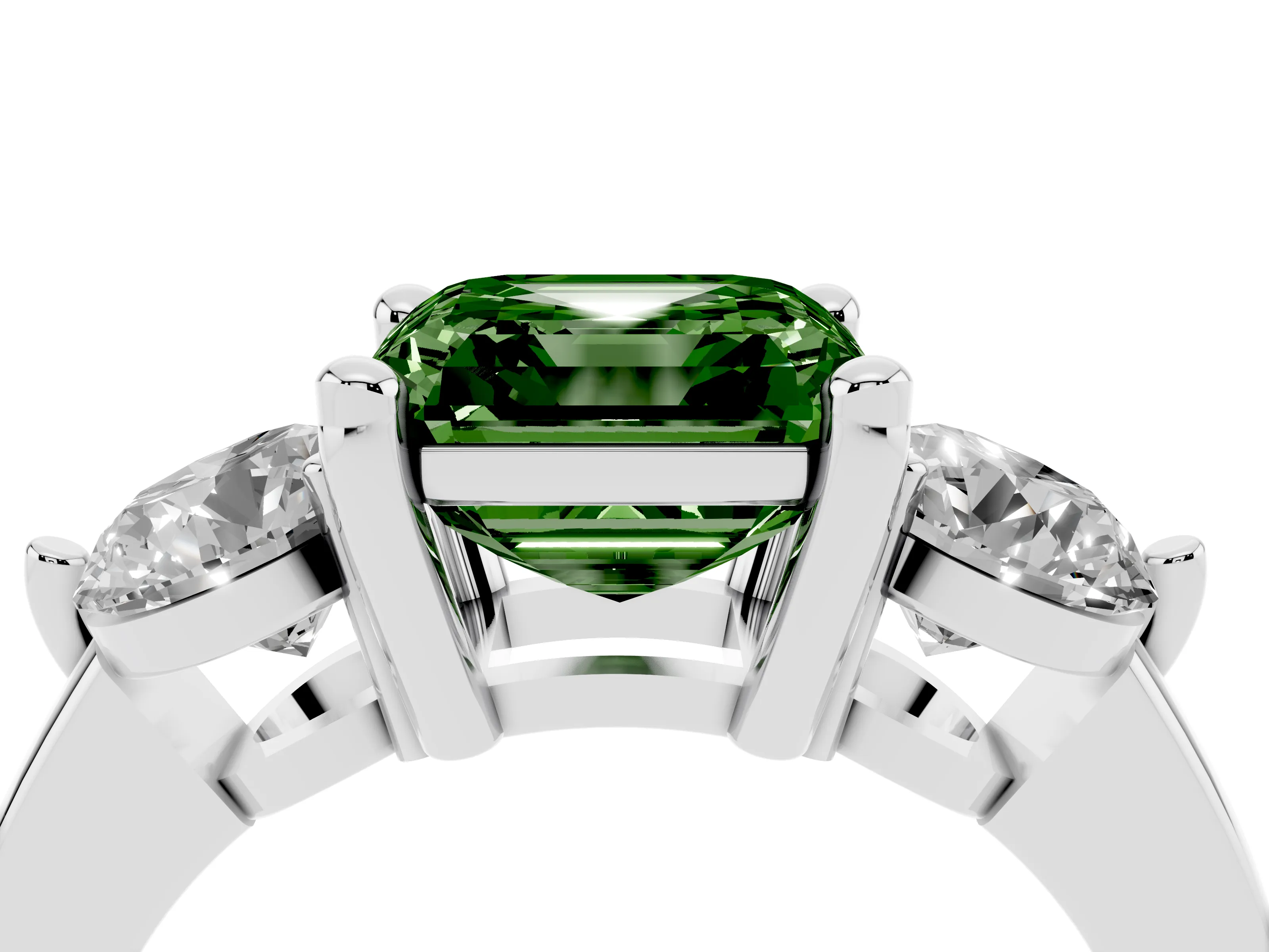 Fancy Green Asscher Cut Diamond Three-Stone Ring Set in White gold with Prong Setting and Classic Band