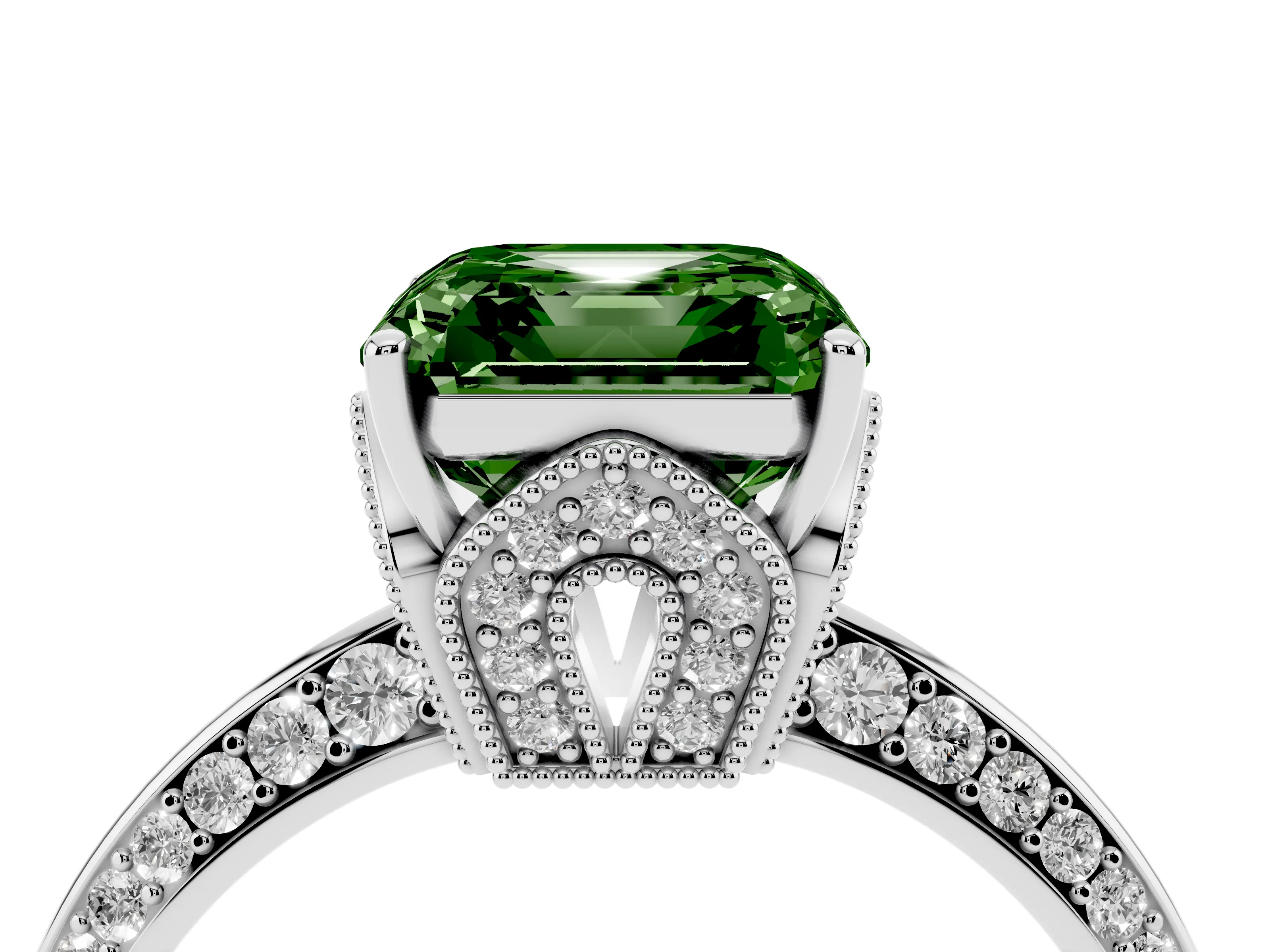 Fancy Green Asscher Cut Diamond Solitaire Engagement Ring Set in White gold with Pavé Split Shank and Prong Setting