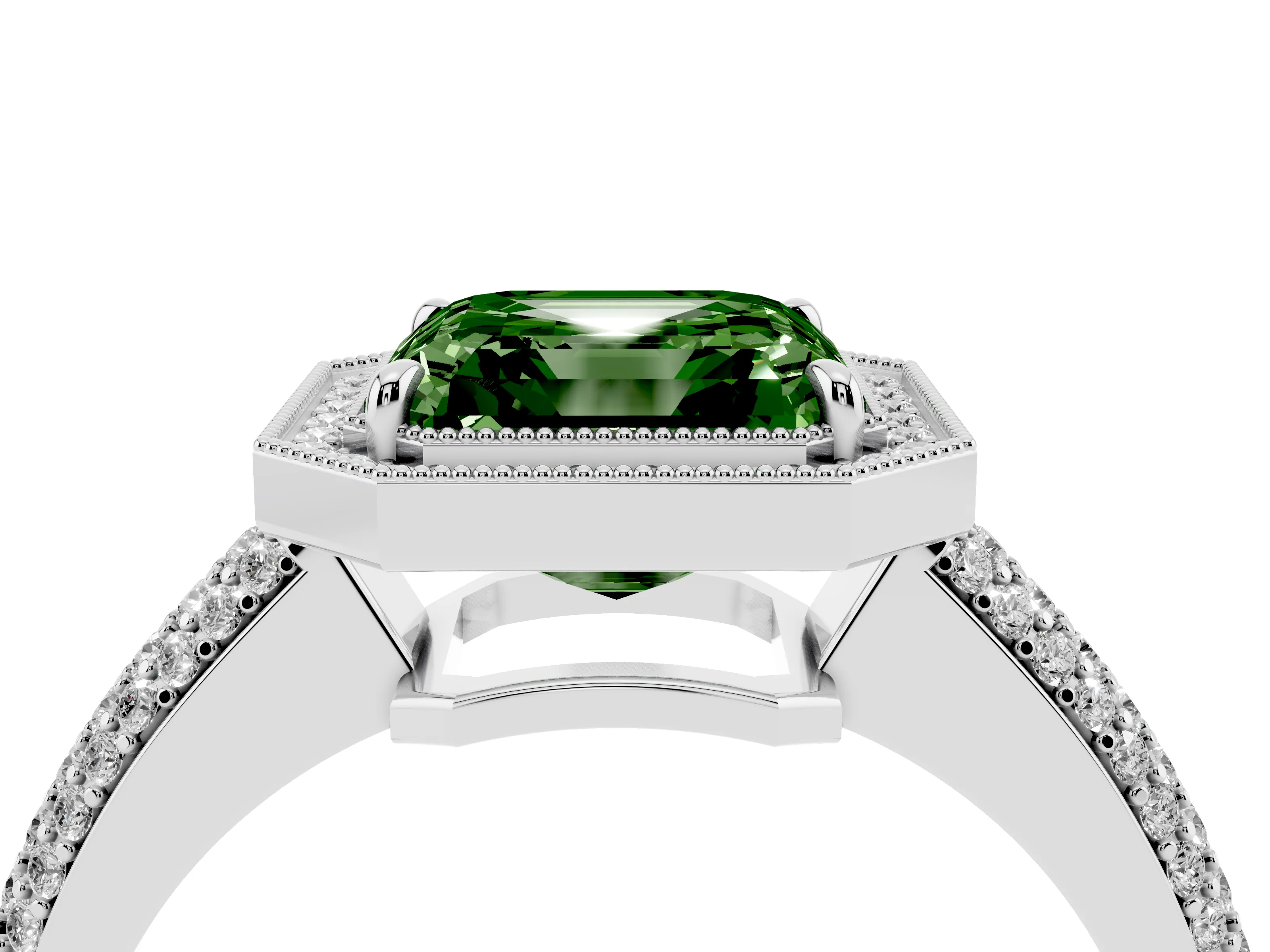 Fancy Green Asscher Cut Diamond Halo Pavé Band Set in White gold with Prong Setting