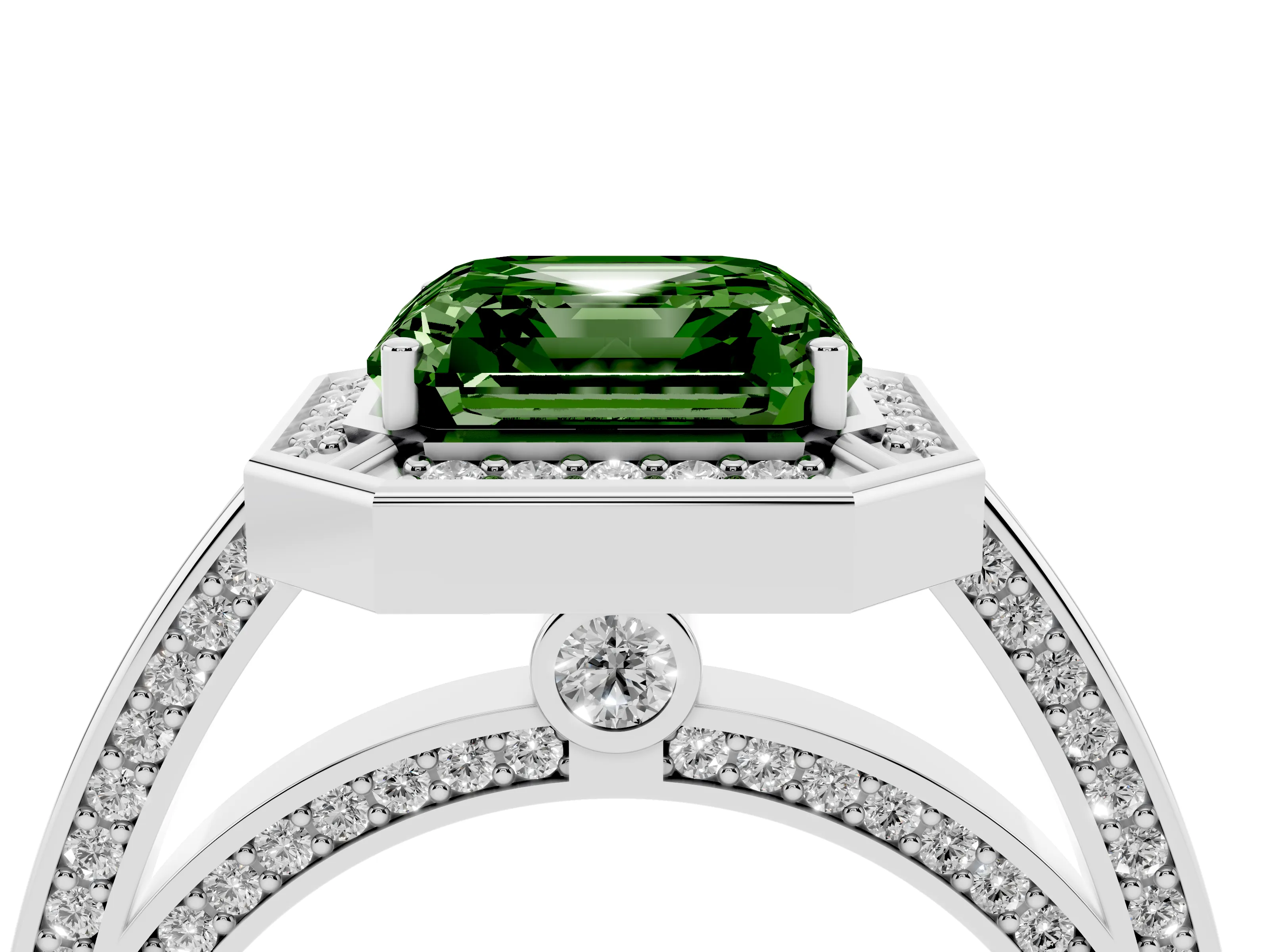 Fancy Green Asscher Cut Diamond Halo Pavé Split Shank Ring Set in White gold with Prong Setting