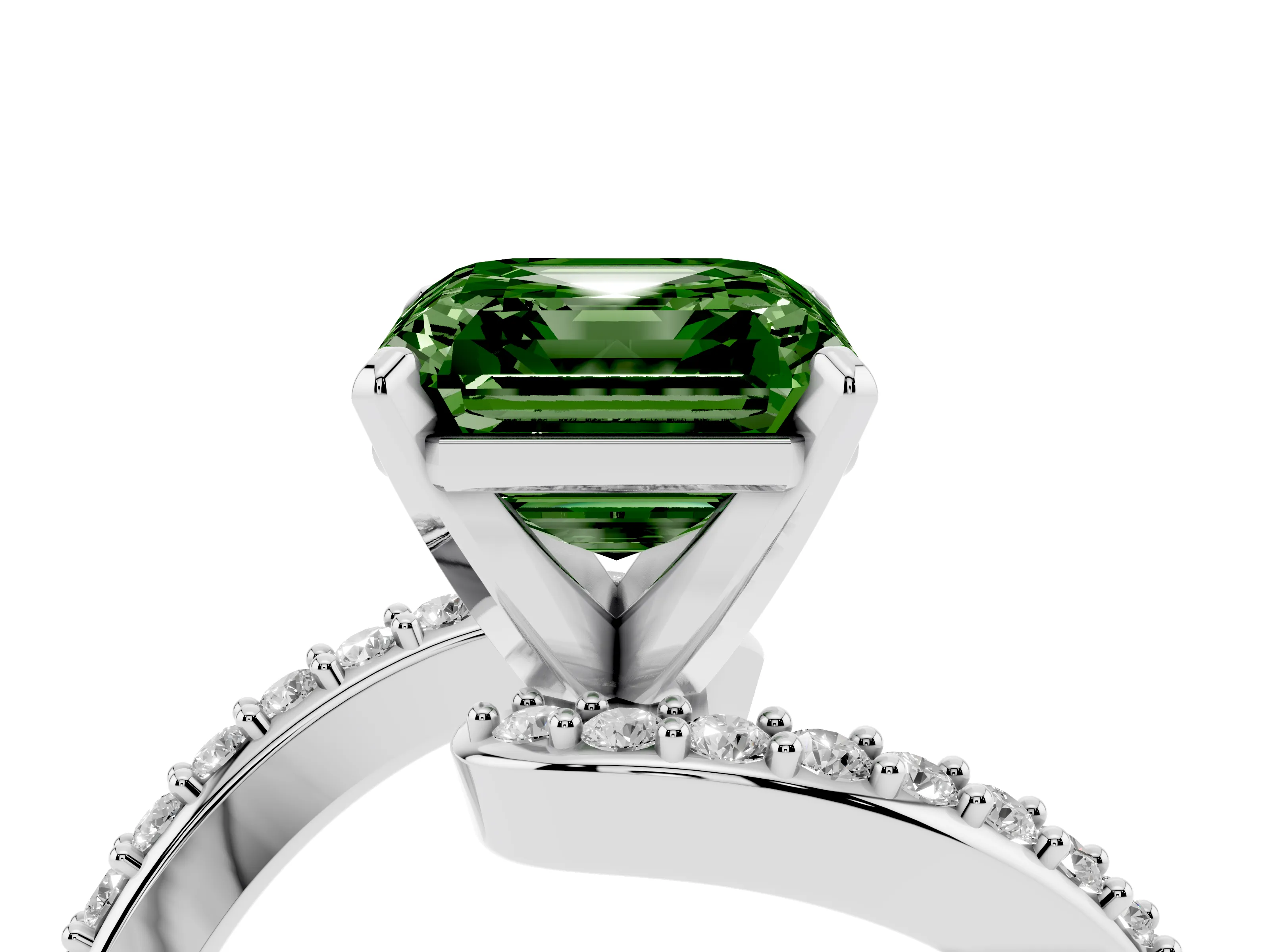 Fancy Green Asscher Cut Diamond Solitaire Ring Set in Platinum with Pavé Twist Band and Prong Setting