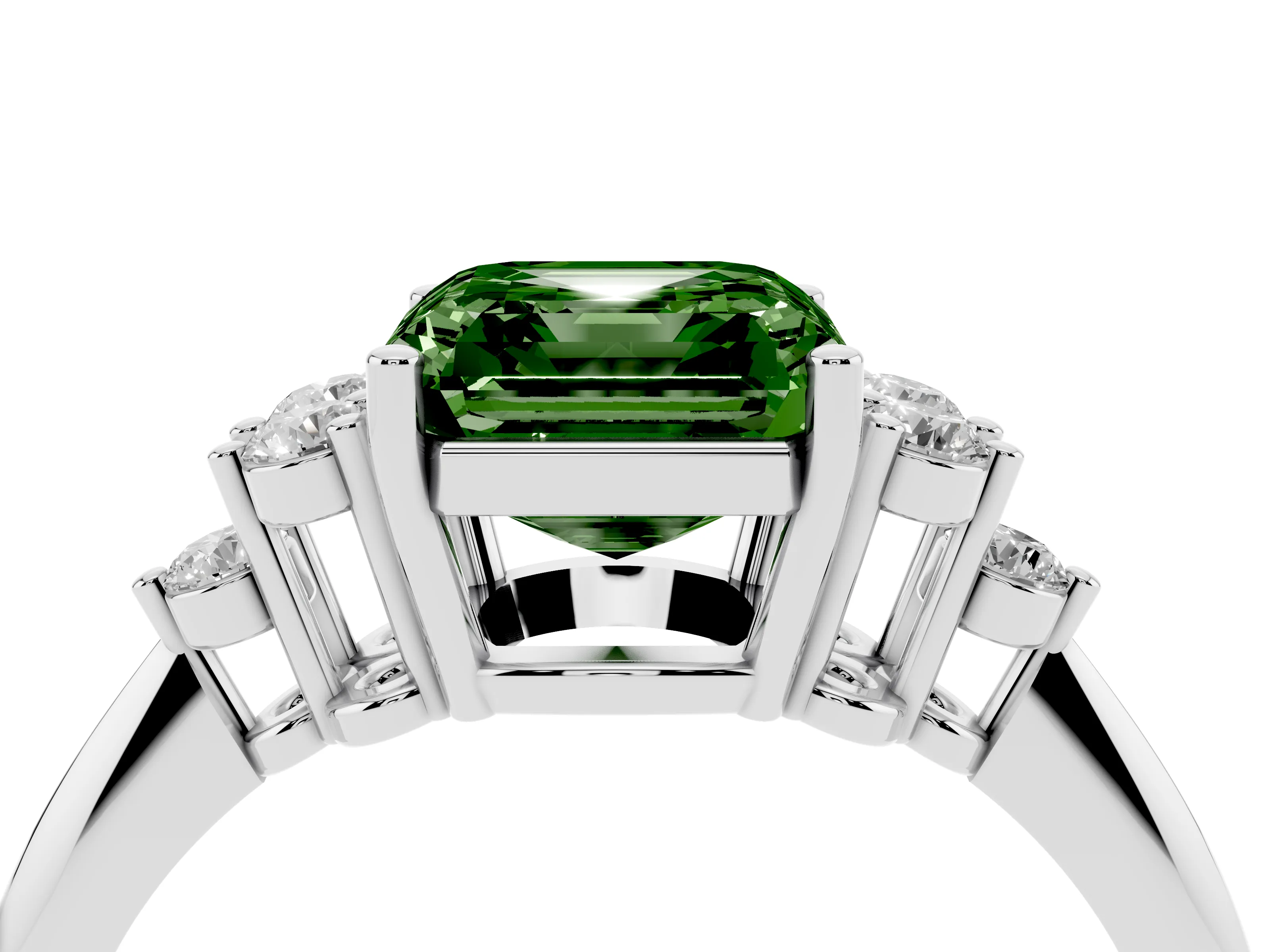 Fancy Green Asscher Cut Diamond Cluster Ring Set in White gold with Plain Band and Prong Setting