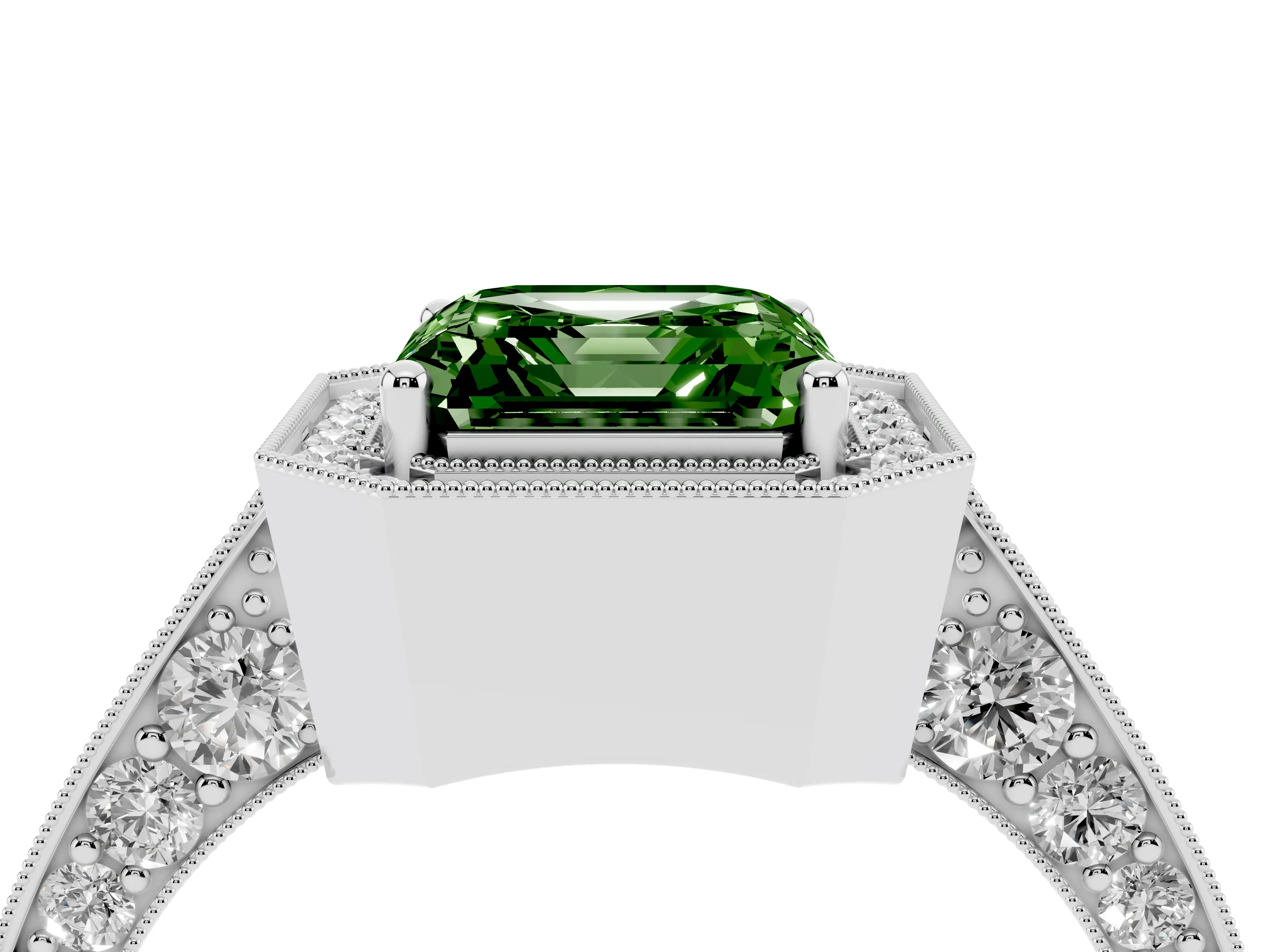 Fancy Green Asscher Cut Diamond Halo Engagement Ring Set in Silver with Accent Split Shank Band