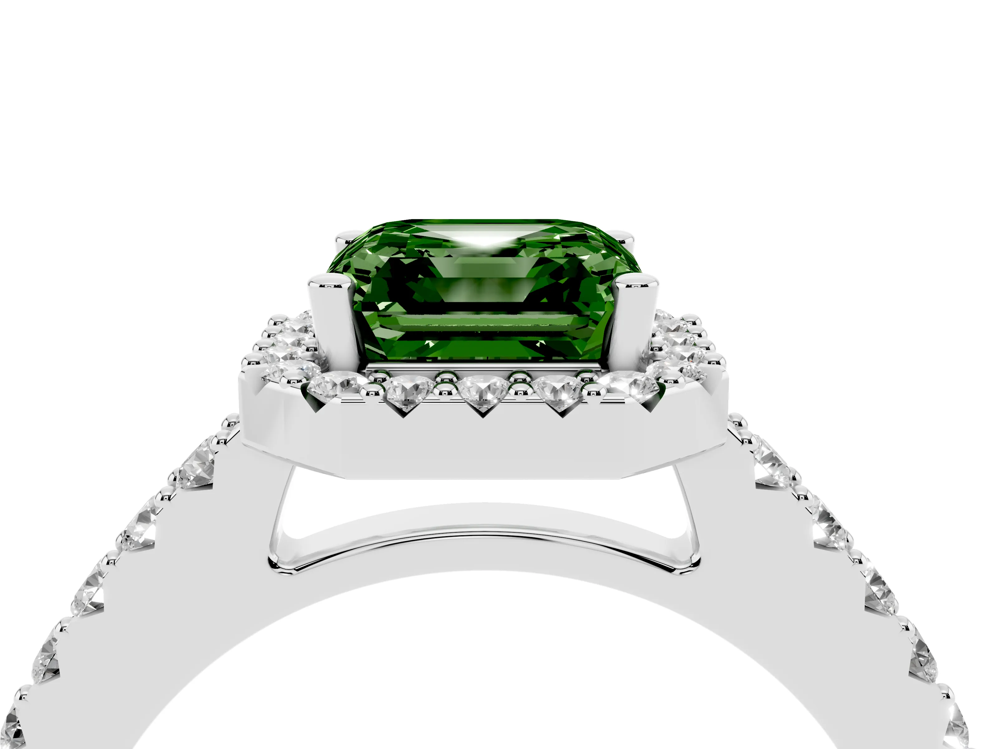 Fancy Green Asscher Cut Diamond Halo Pavé Solitaire Ring Set in White gold with Prong-Set Center Stone