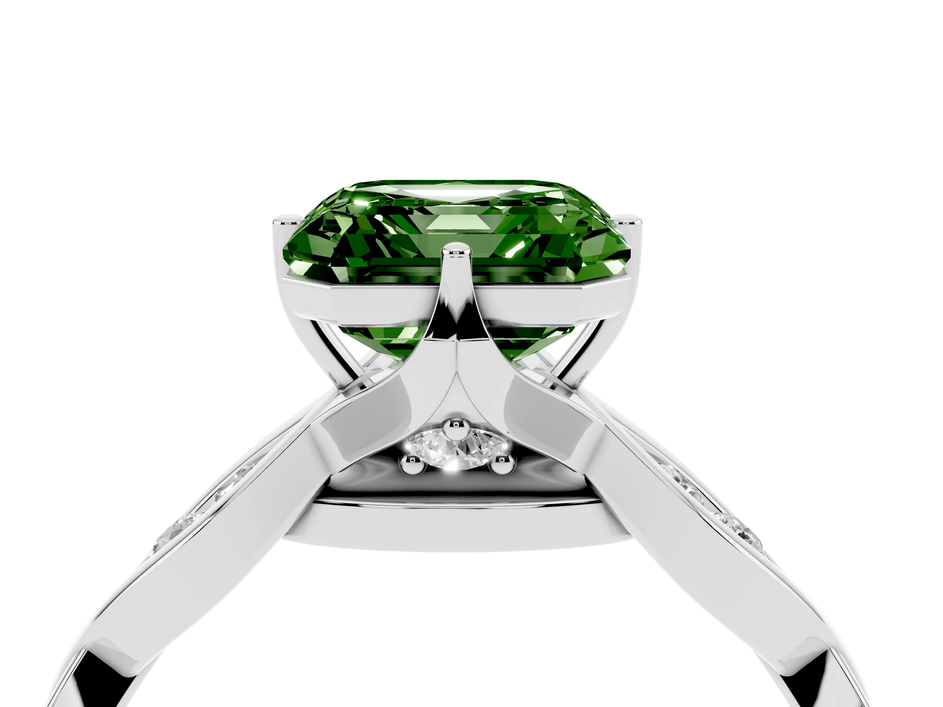Fancy Green Asscher Cut Diamond Twist Band Solitaire Ring Set in Platinum with Leaf Prong Setting and Accent Stones