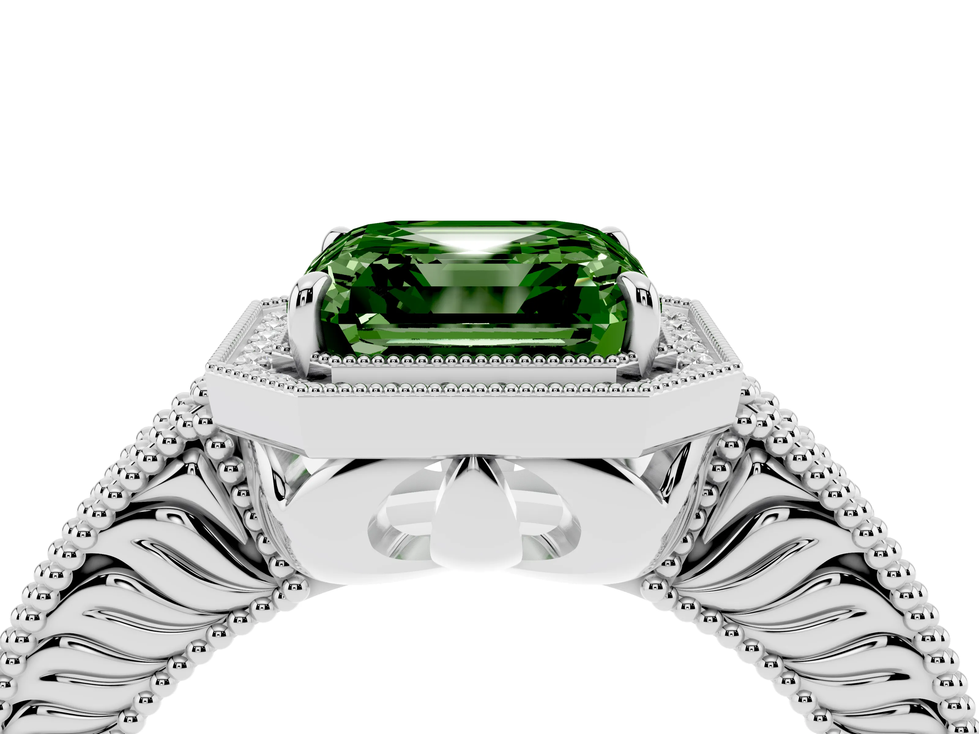 Fancy Green Asscher Cut Diamond Halo Ring Set in White gold with Round Accent Halo, Pavé Band and Prong Setting