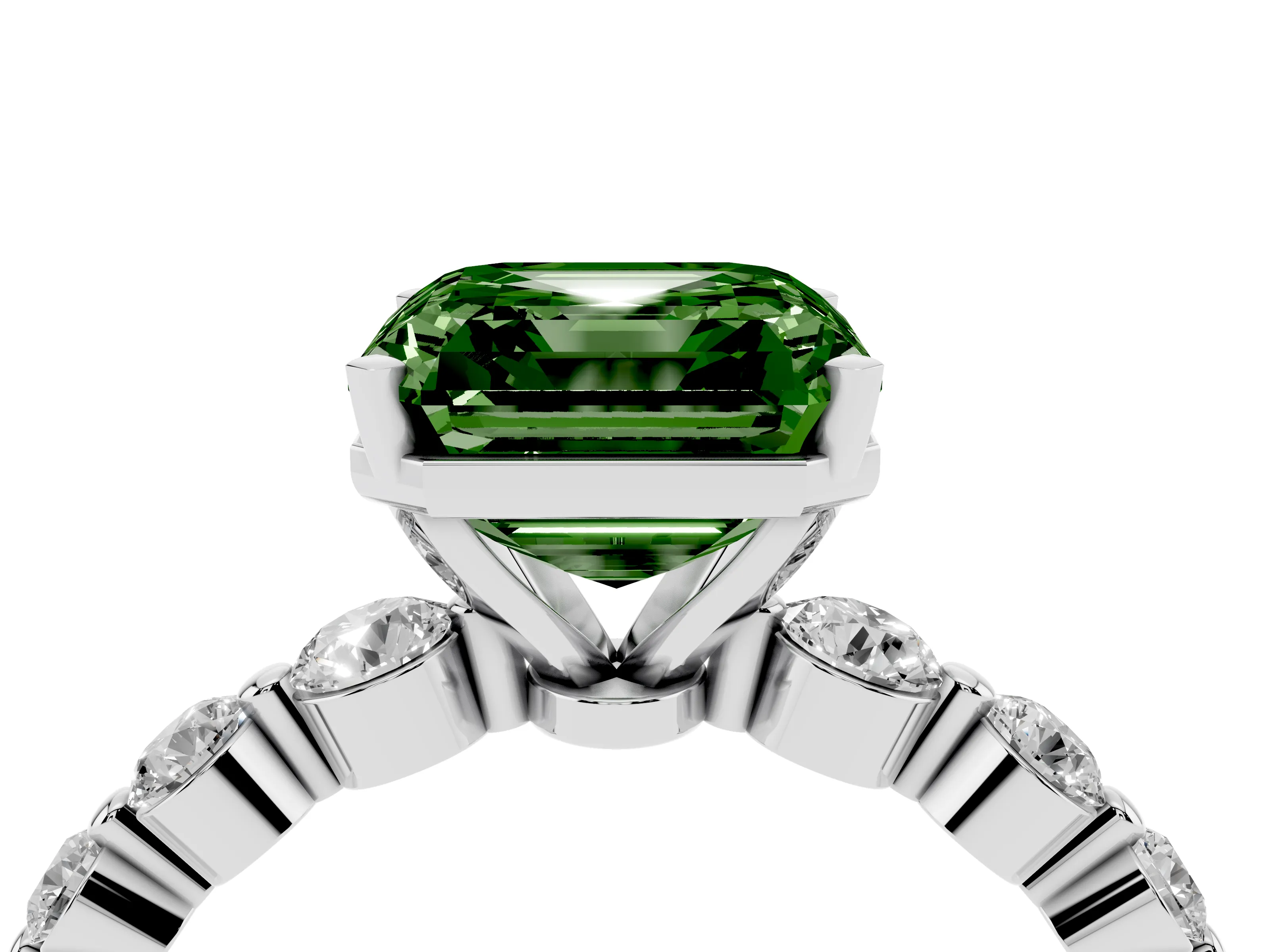 Fancy Green Asscher Cut Diamond Solitaire Ring Set in Platinum with Pavé Band and Prong Setting