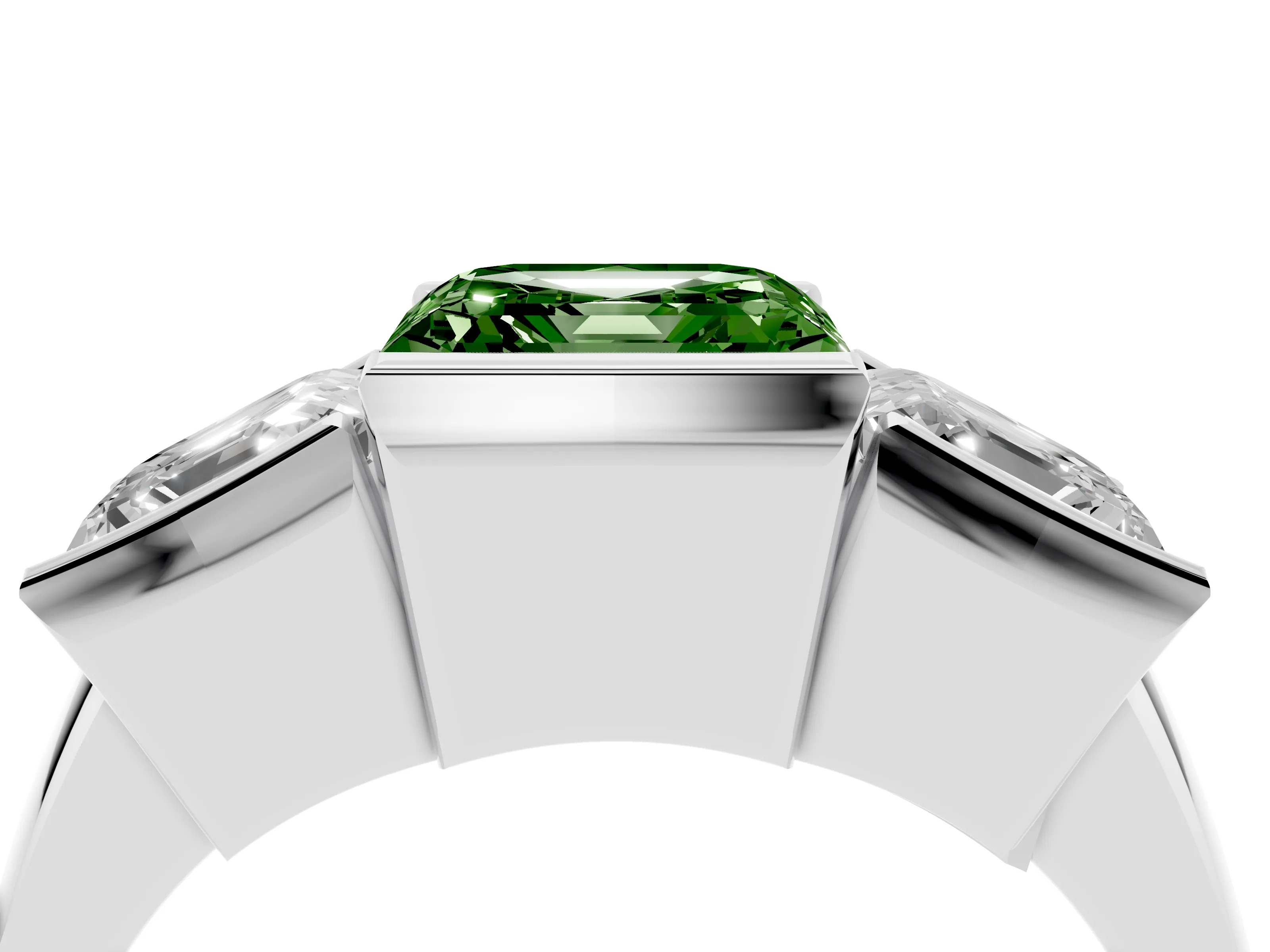 Fancy Green Asscher Cut Diamond Three-Stone Channel Set Ring Set in White gold with Smooth Polished Band