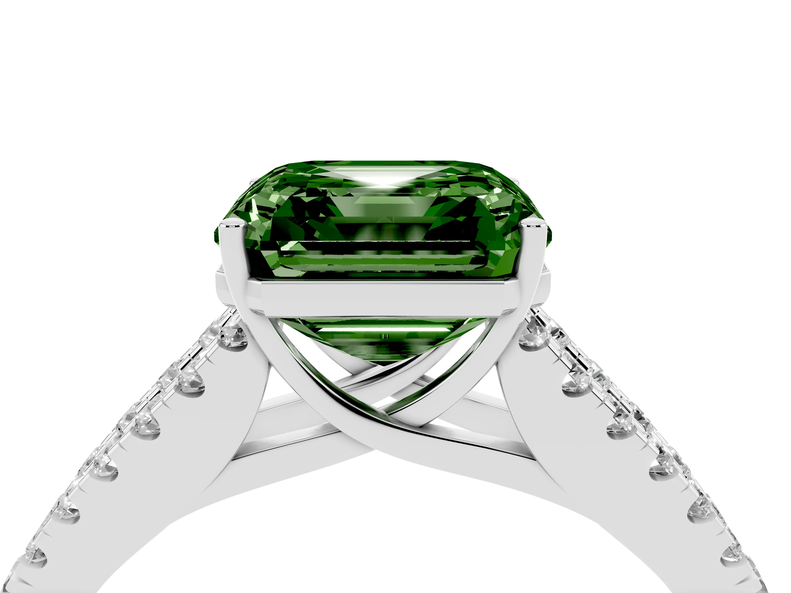 Fancy Green Asscher Cut Diamond Split Shank Engagement Ring Set in White gold with Round Pavé and Prong Setting