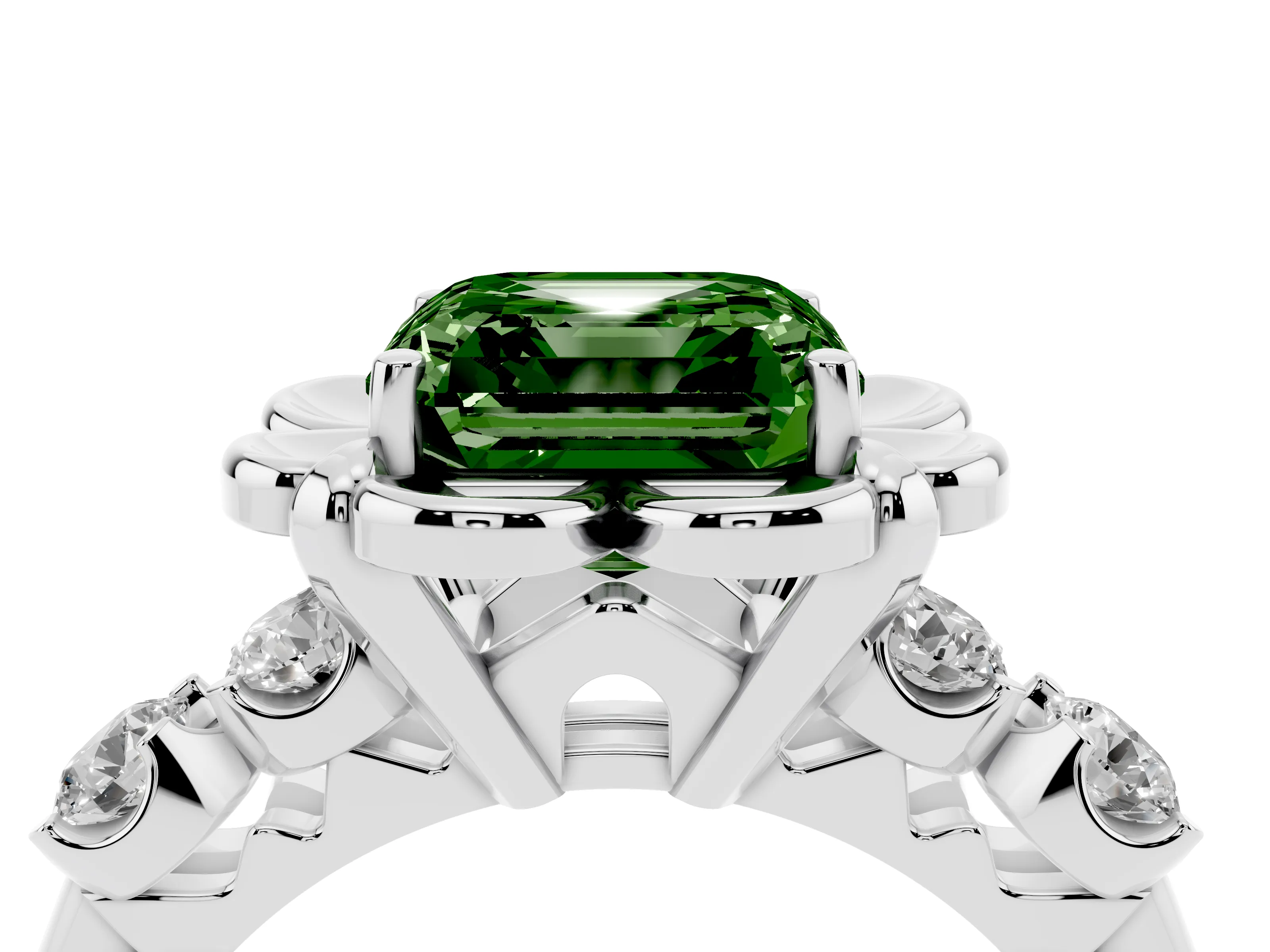 Fancy Green Asscher Cut Diamond Floral Halo Ring Set in White gold with Shared Prong Band