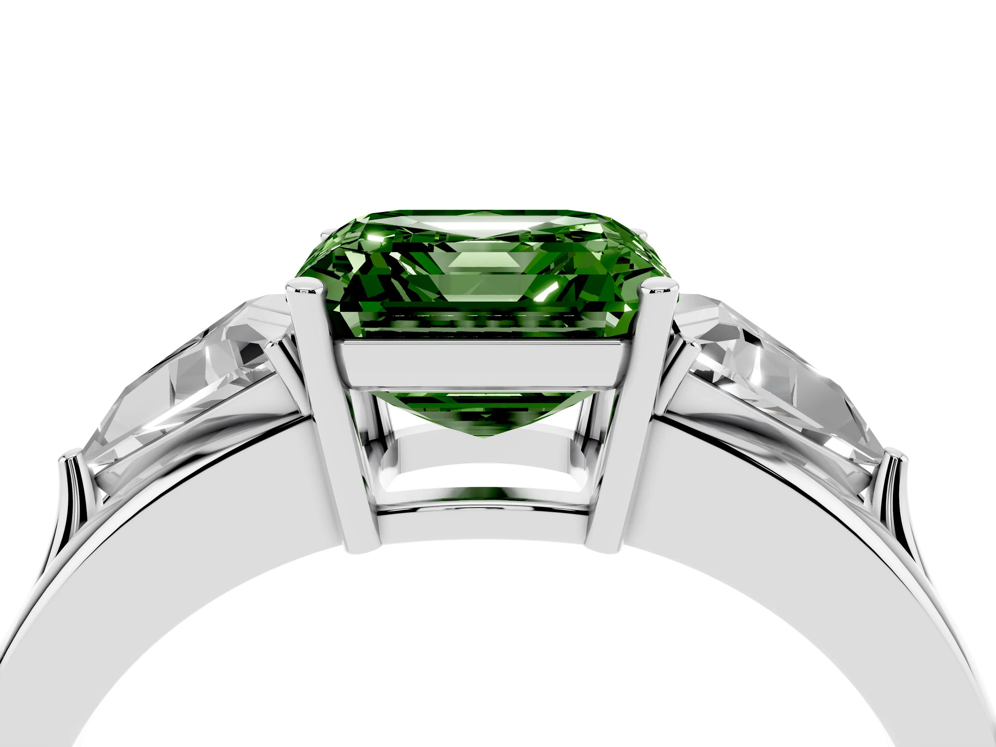 Fancy Green Asscher Cut Diamond Three-Stone Ring Set in White gold with Trillion Side Stones and Split Shank