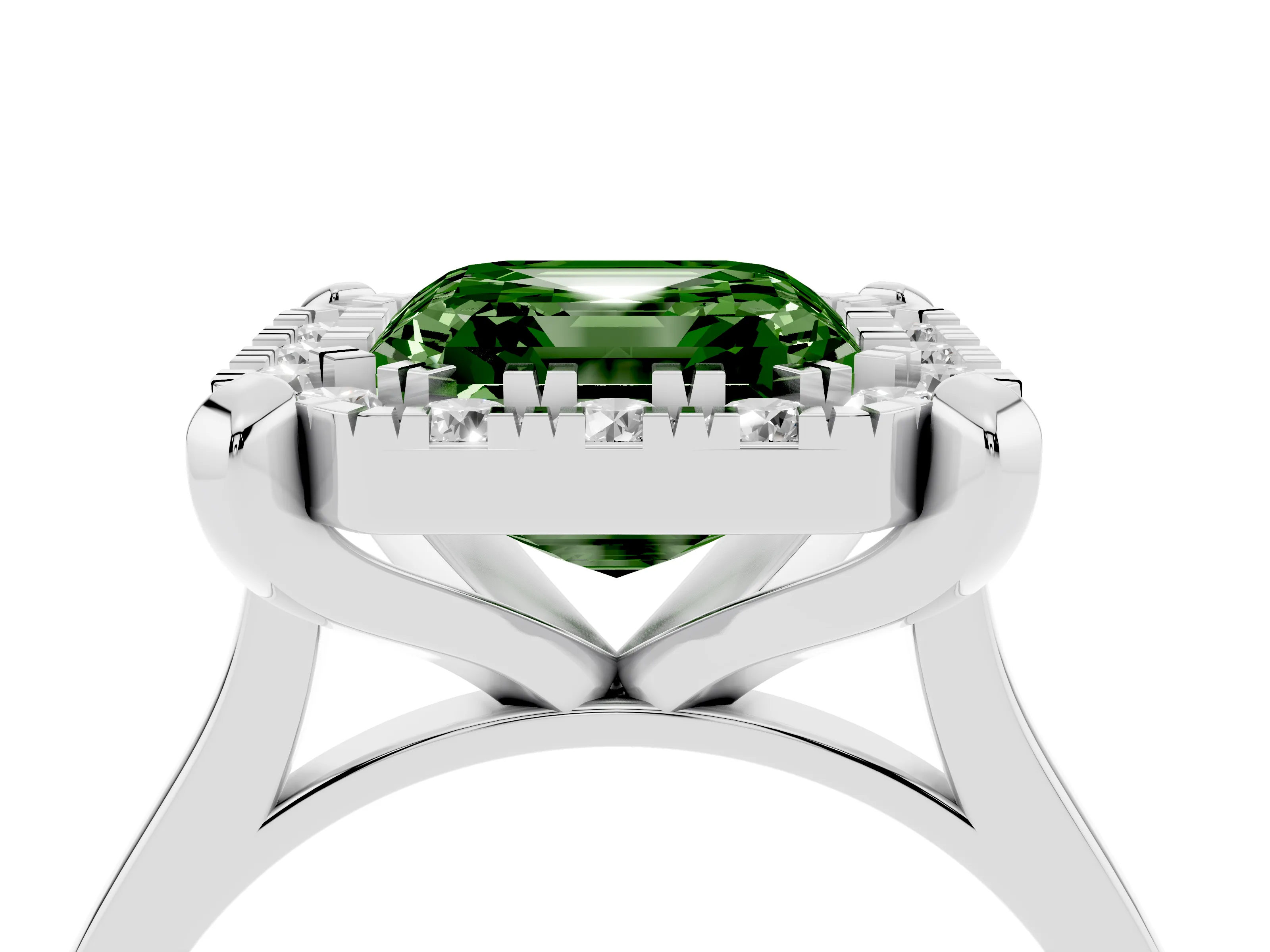 Fancy Green Asscher Cut Diamond Cluster Halo Solitaire Ring Set in Silver with Prong Setting