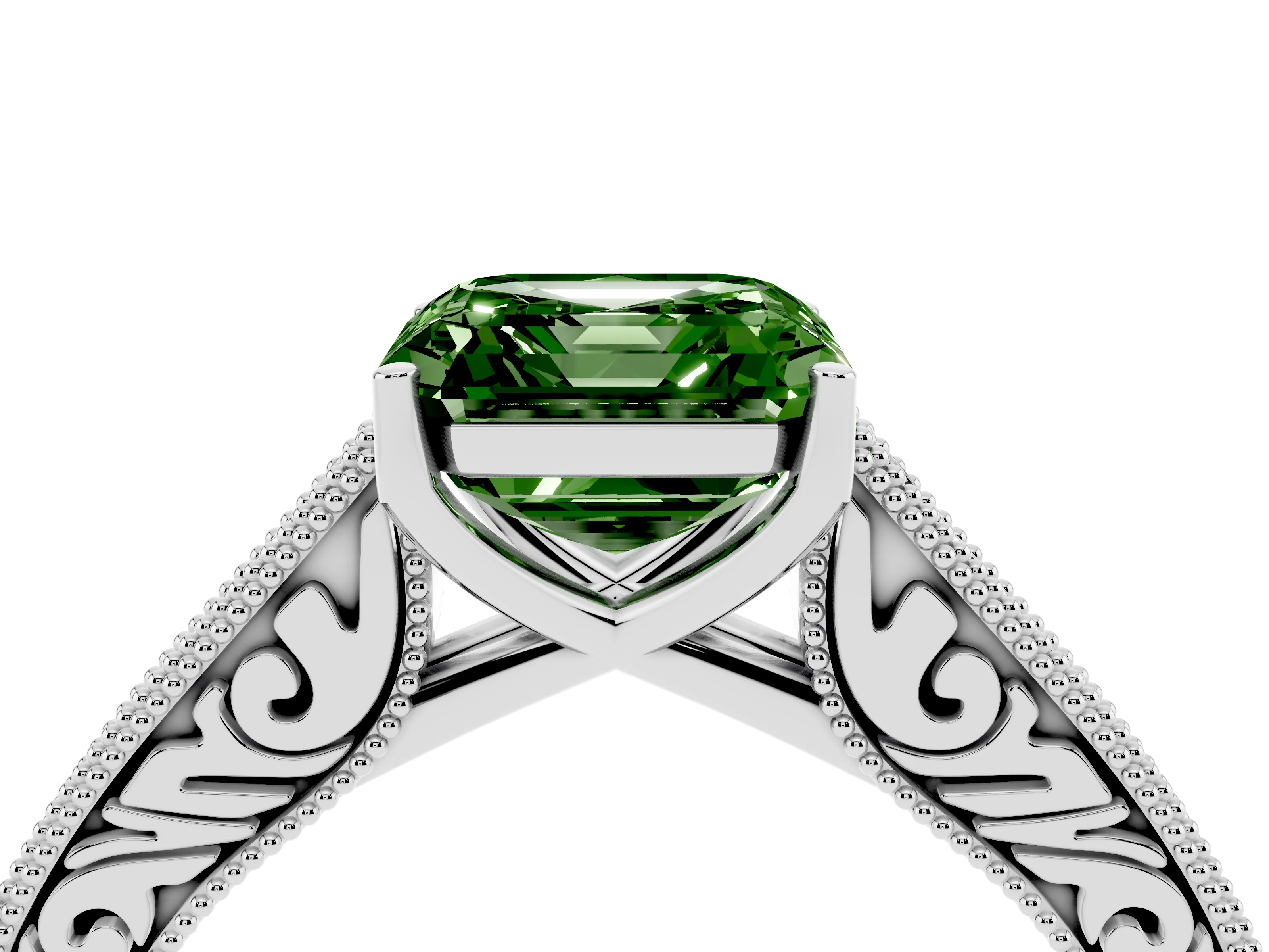 Fancy Green Asscher Cut Diamond Milgrain Pavé Band Solitaire Ring Set in Platinum with Prong Setting