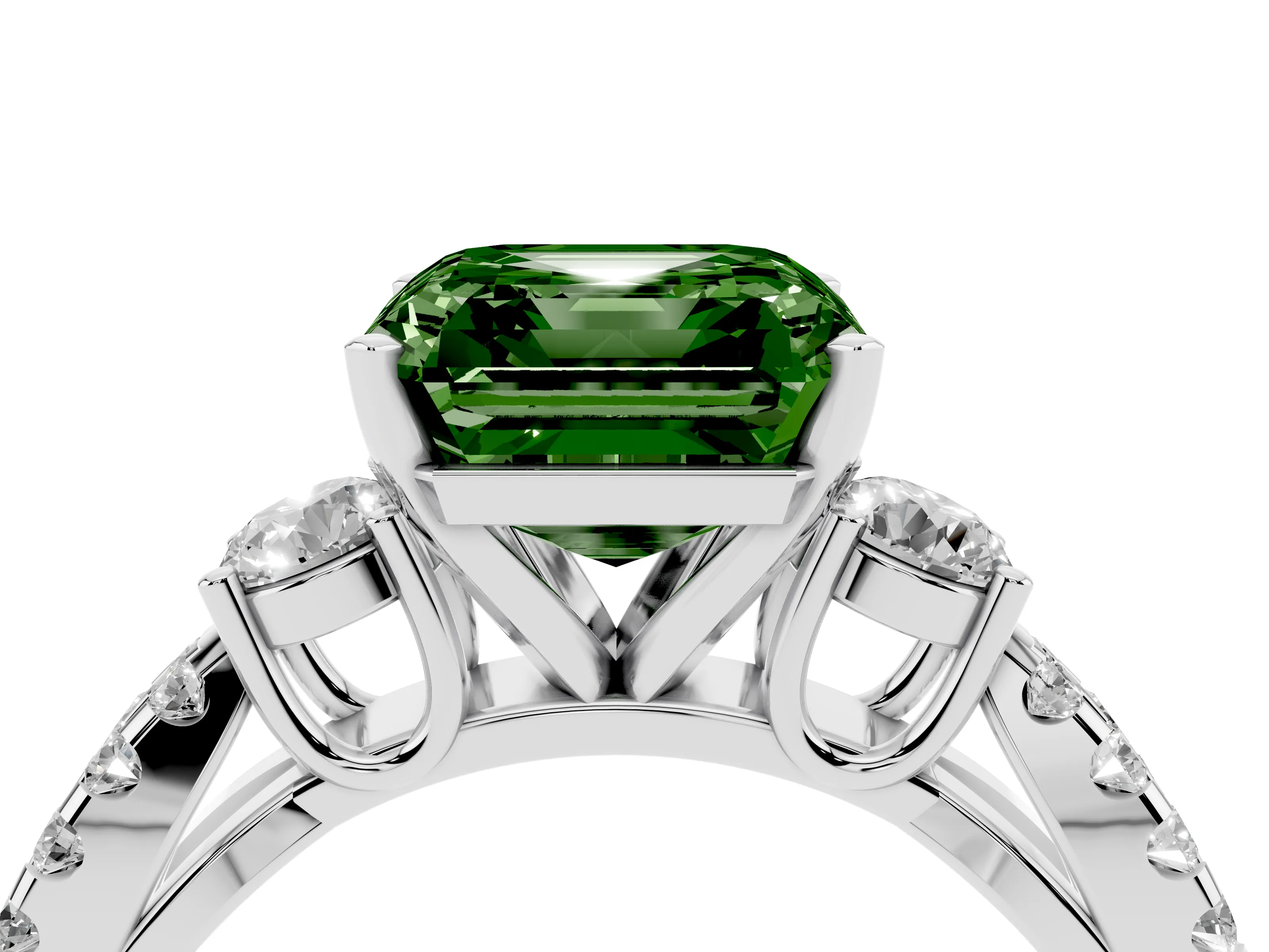 Fancy Green Asscher Cut Diamond Three-Stone Ring Set in Platinum with Pavé Split Shank and Prong Setting