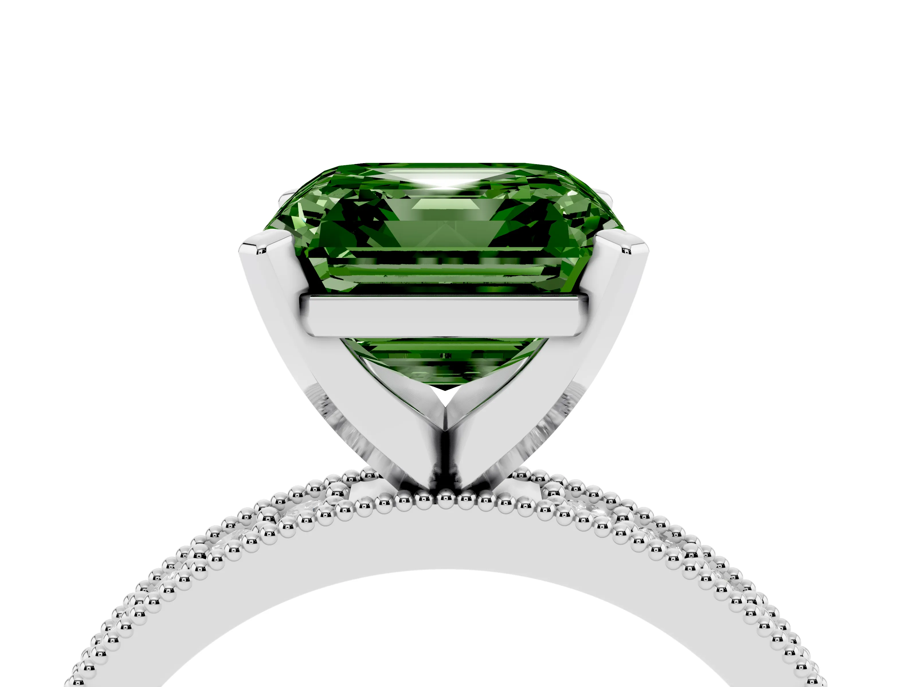 Fancy Green Asscher Cut Diamond Milgrain Pavé Engagement Ring Set in Platinum with Prong Setting