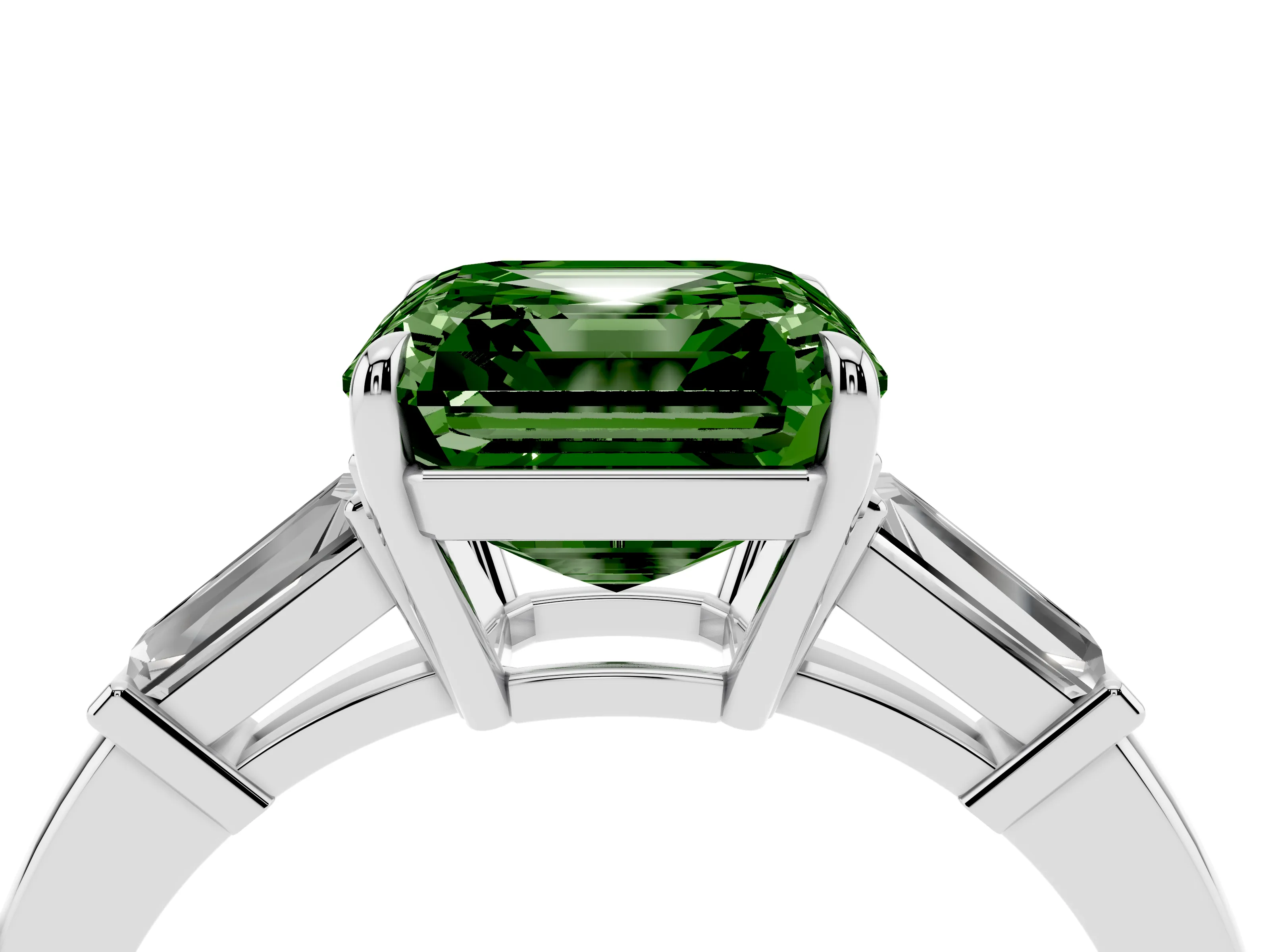 Fancy Green Asscher Cut Diamond Three-Stone Ring Set in Platinum with Tapered Baguette Side Stones and Prong Setting